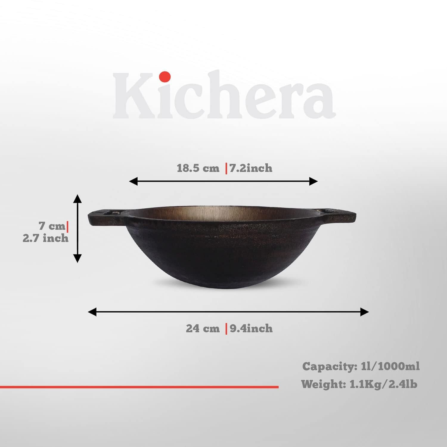 Kichera Pre Seasoned Cast Iron Smooth Kadai | Nonstick Iron Kadhai | 100% Pure & Toxin-Free, No Chemical Coating (7 Inch) - Black