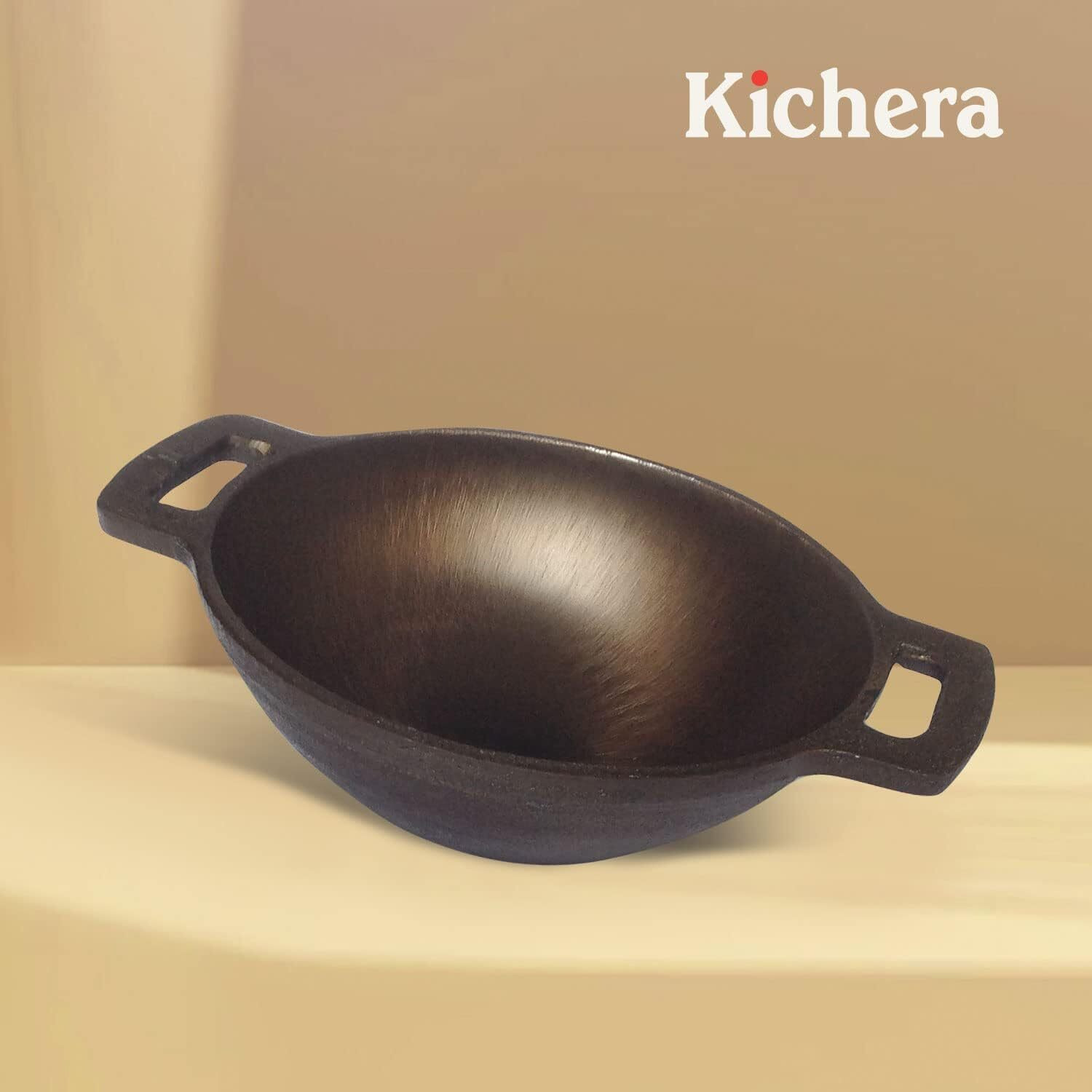 Kichera Pre Seasoned Cast Iron Smooth Kadai | Nonstick Iron Kadhai | 100% Pure & Toxin-Free, No Chemical Coating (7 Inch) - Black