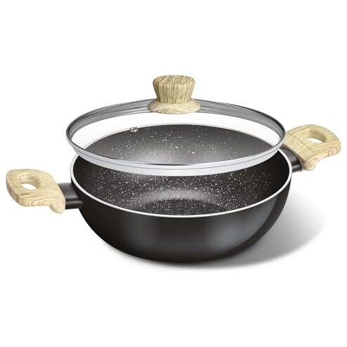 Bergner Bellini Aura NonStick 20 cm Rivetless Kadai, Glass Lid, For Low Oil Stir-Fry/Curry, Wood-Textured Bakelite Handles, 5-Layer Coating, Enhanced Hygiene & Durability, Induction & Gas ready, 1-Year Warranty