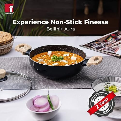 Bergner Bellini Aura NonStick 20 cm Rivetless Kadai, Glass Lid, For Low Oil Stir-Fry/Curry, Wood-Textured Bakelite Handles, 5-Layer Coating, Enhanced Hygiene & Durability, Induction & Gas ready, 1-Year Warranty