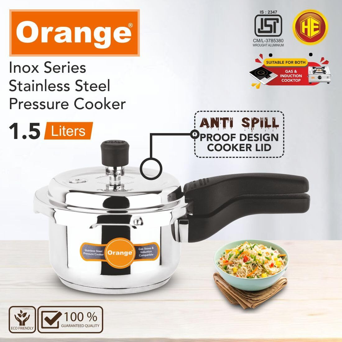 Orange Inox Series Cute Small Stainless Steel Pressure Cooker 1.5L Outer Lid With Sturdy Handle | Heavy Bottom | Induction & Gas Friendly | Steel Color