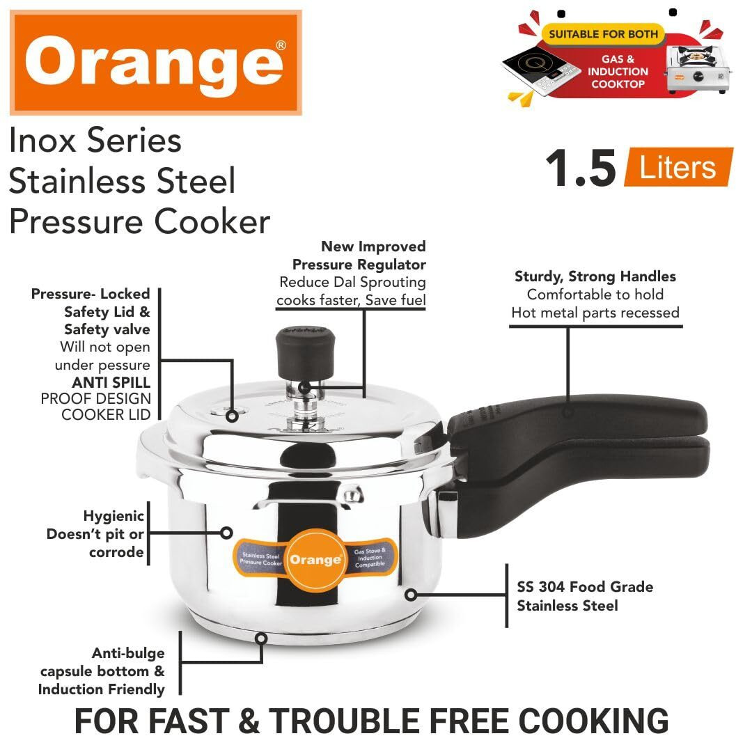 Orange Inox Series Cute Small Stainless Steel Pressure Cooker 1.5L Outer Lid With Sturdy Handle | Heavy Bottom | Induction & Gas Friendly | Steel Color