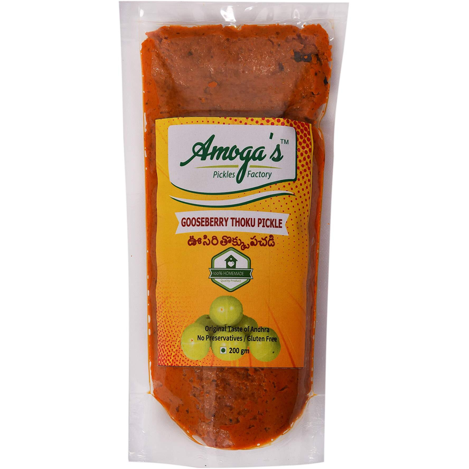 Amoga's Pickles Factory Andhra Fresh Gooseberry Thokku/Usirikaya Thokku Pickle/Achar 200 gm and Mango Pickle 200 gm Combo Pack (Pack of 2)