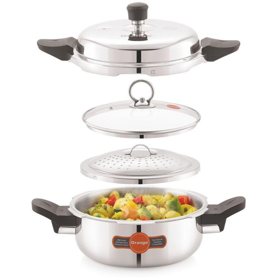Orange Triply Stainless Steel Multi-Utility Outer lid All In One Pressure Handi/Cooker 3.5L with 3 Different Lids (Pressure Lid, Serving, Strainer) | Induction Friendly | 5 Year Warranty | Silver