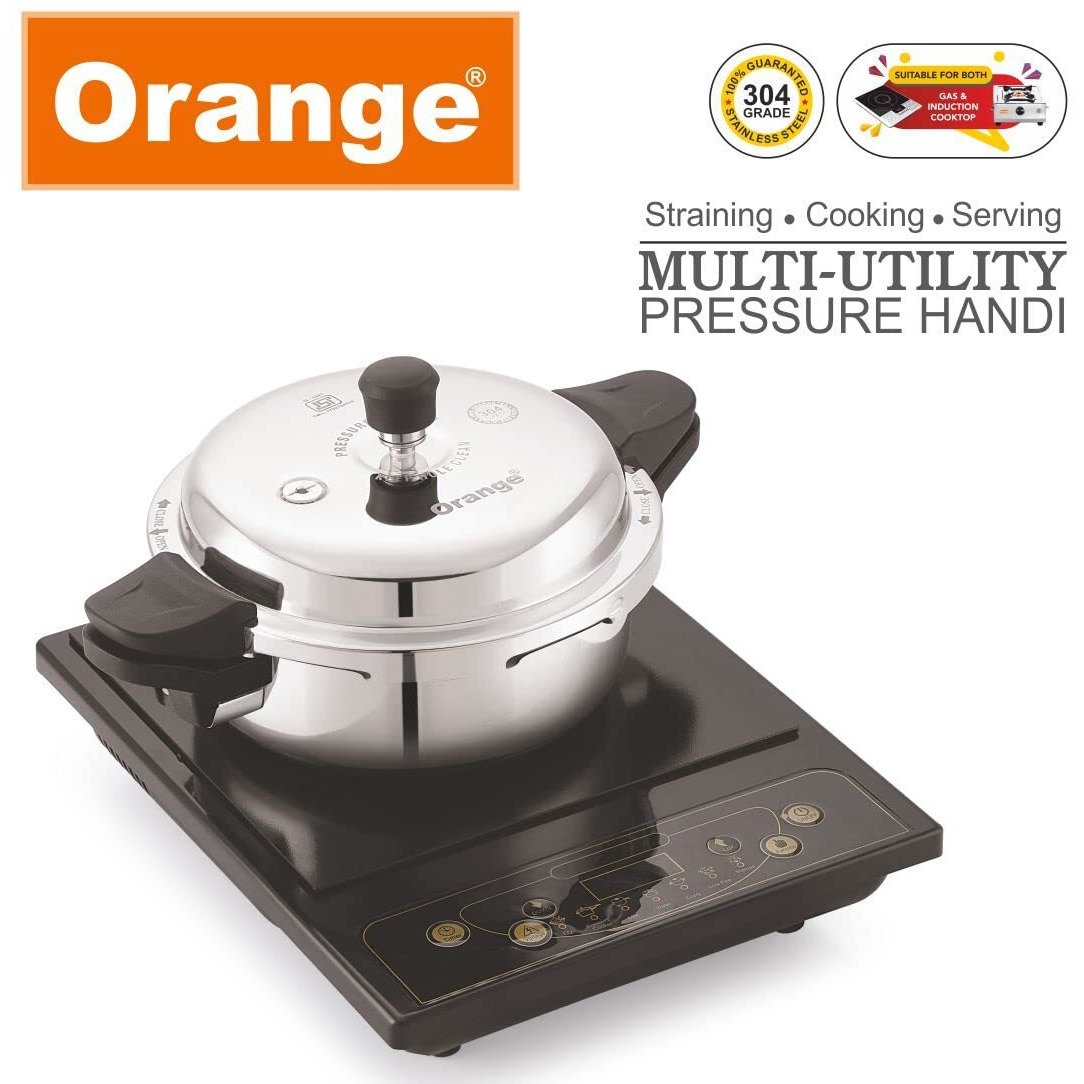 Orange Triply Stainless Steel Multi-Utility Outer lid All In One Pressure Handi/Cooker 3.5L with 3 Different Lids (Pressure Lid, Serving, Strainer) | Induction Friendly | 5 Year Warranty | Silver