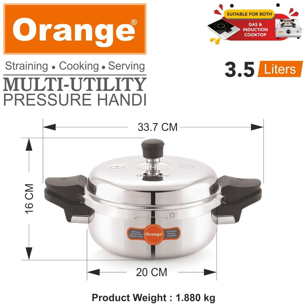 Orange Triply Stainless Steel Multi-Utility Outer lid All In One Pressure Handi/Cooker 3.5L with 3 Different Lids (Pressure Lid, Serving, Strainer) | Induction Friendly | 5 Year Warranty | Silver