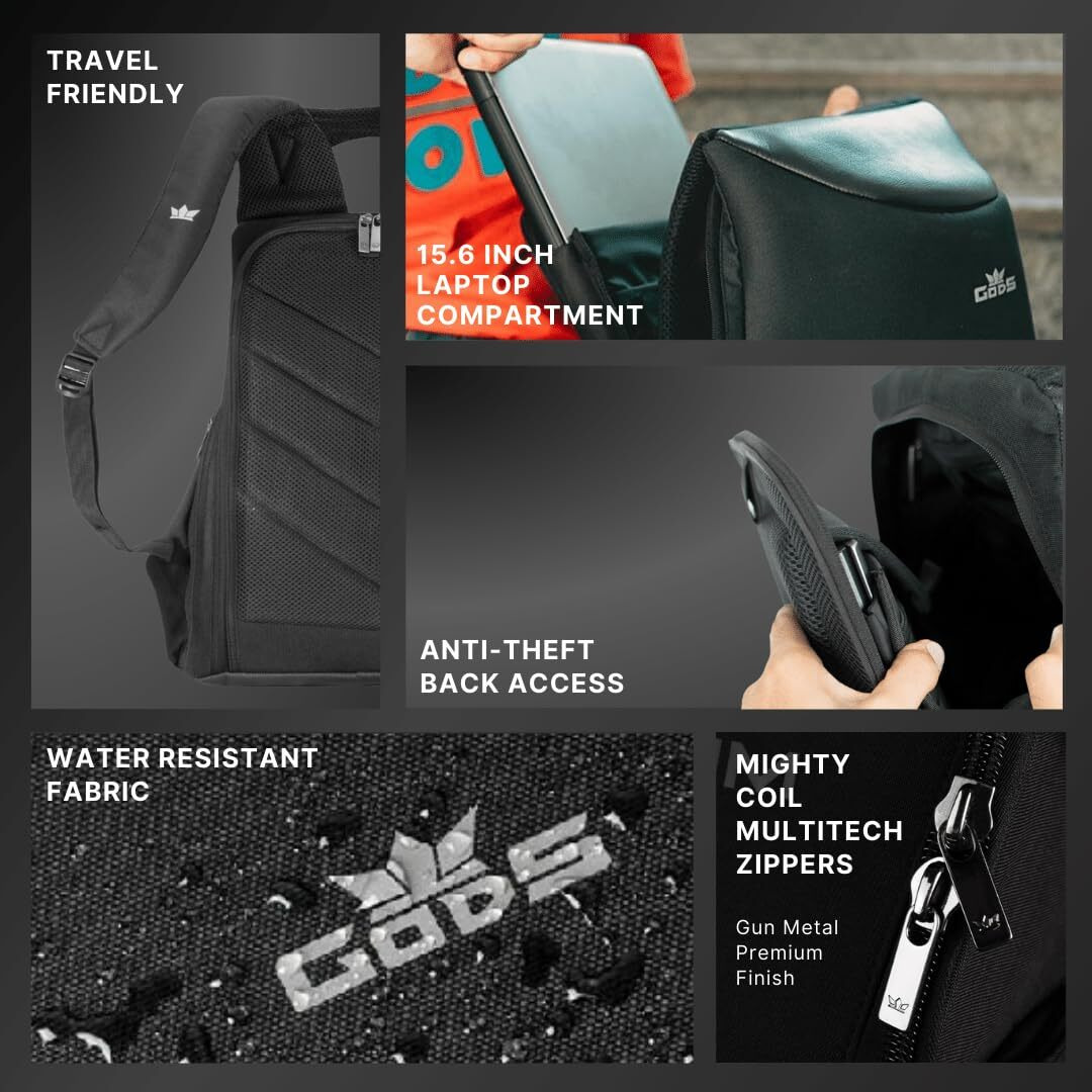 Gods Zarc Anti Theft 15.6 inch Laptop Backpack for men | Inbuilt Cable Organiser, Sunglass Pocket, Water Resistance, Zipper, 180 Degree Rear Opens Like a Suitcase, 8yrs Warranty (Black)
