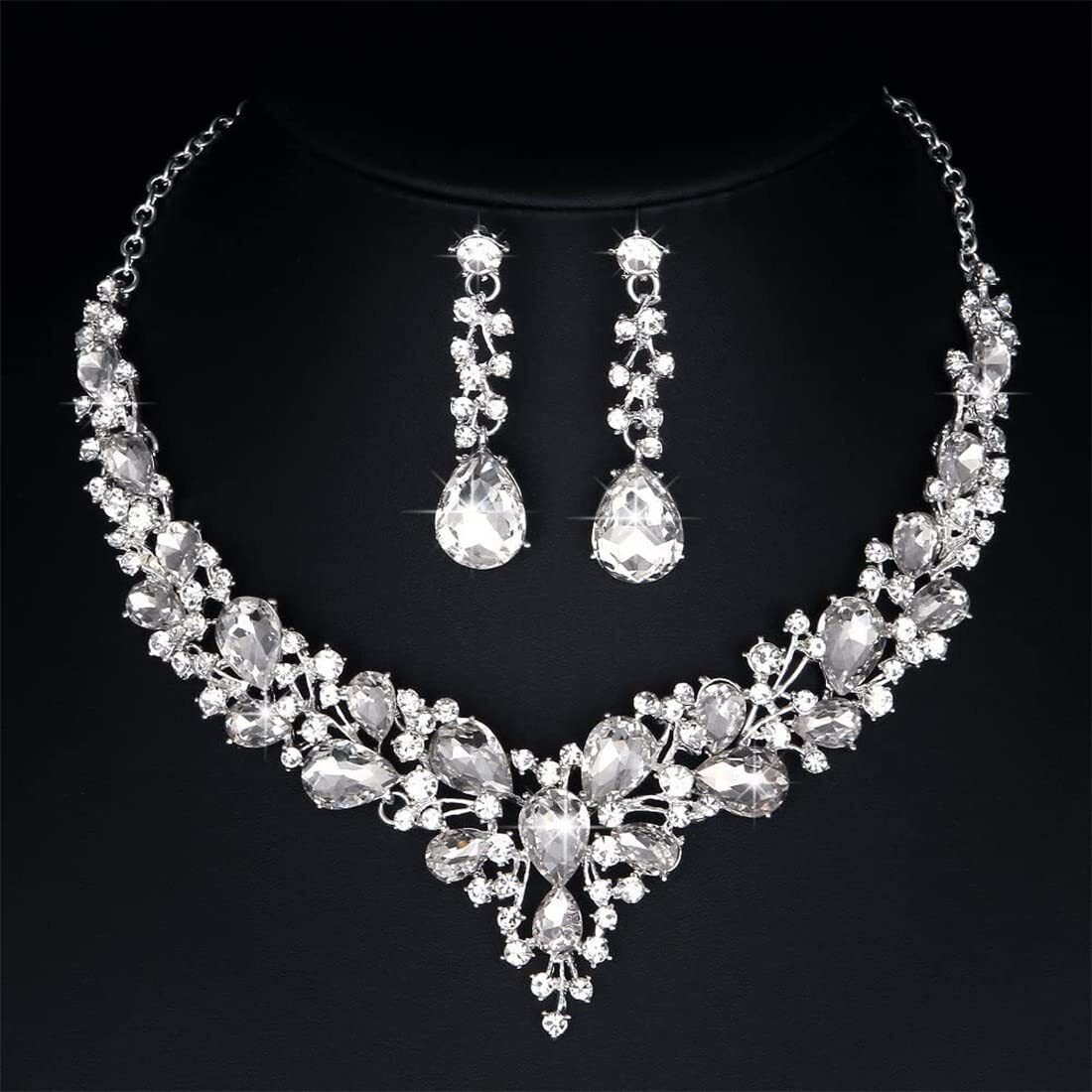 Yellow Chimes Jewellery Set for Women and Girls Fashion White Crystal Jewellery Set for Women | Silver Toned Crystal Choker Necklace Set | Birthday Gifts For Women Valentine Gift for Girls