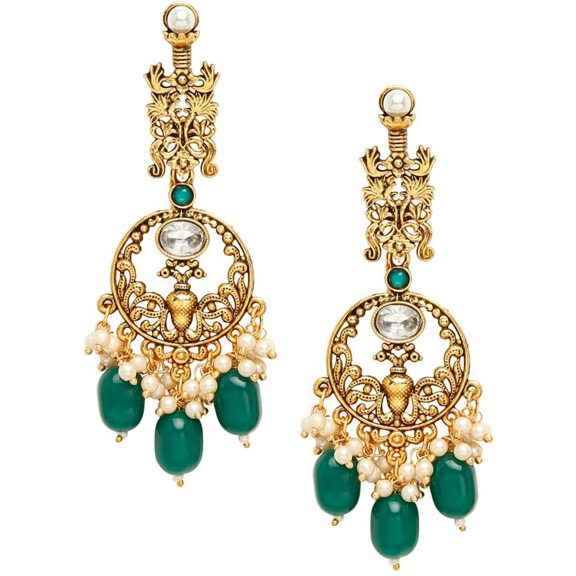 Yellow Chimes Earrings for Women Oxidised Gold Pearl Crystal Studded Green White Beads Drop Dangler Drop Earrings for Women and Girls