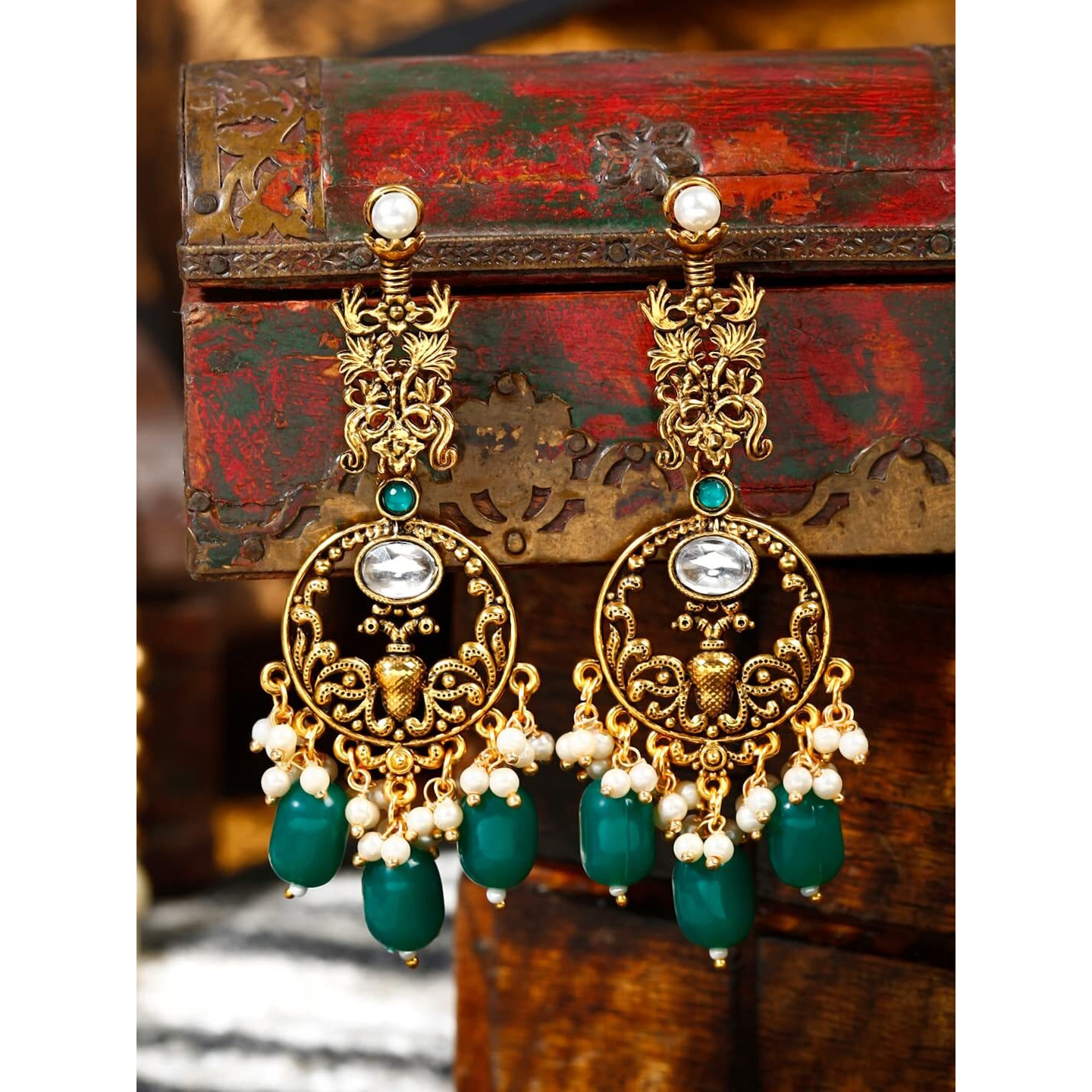 Yellow Chimes Earrings for Women Oxidised Gold Pearl Crystal Studded Green White Beads Drop Dangler Drop Earrings for Women and Girls