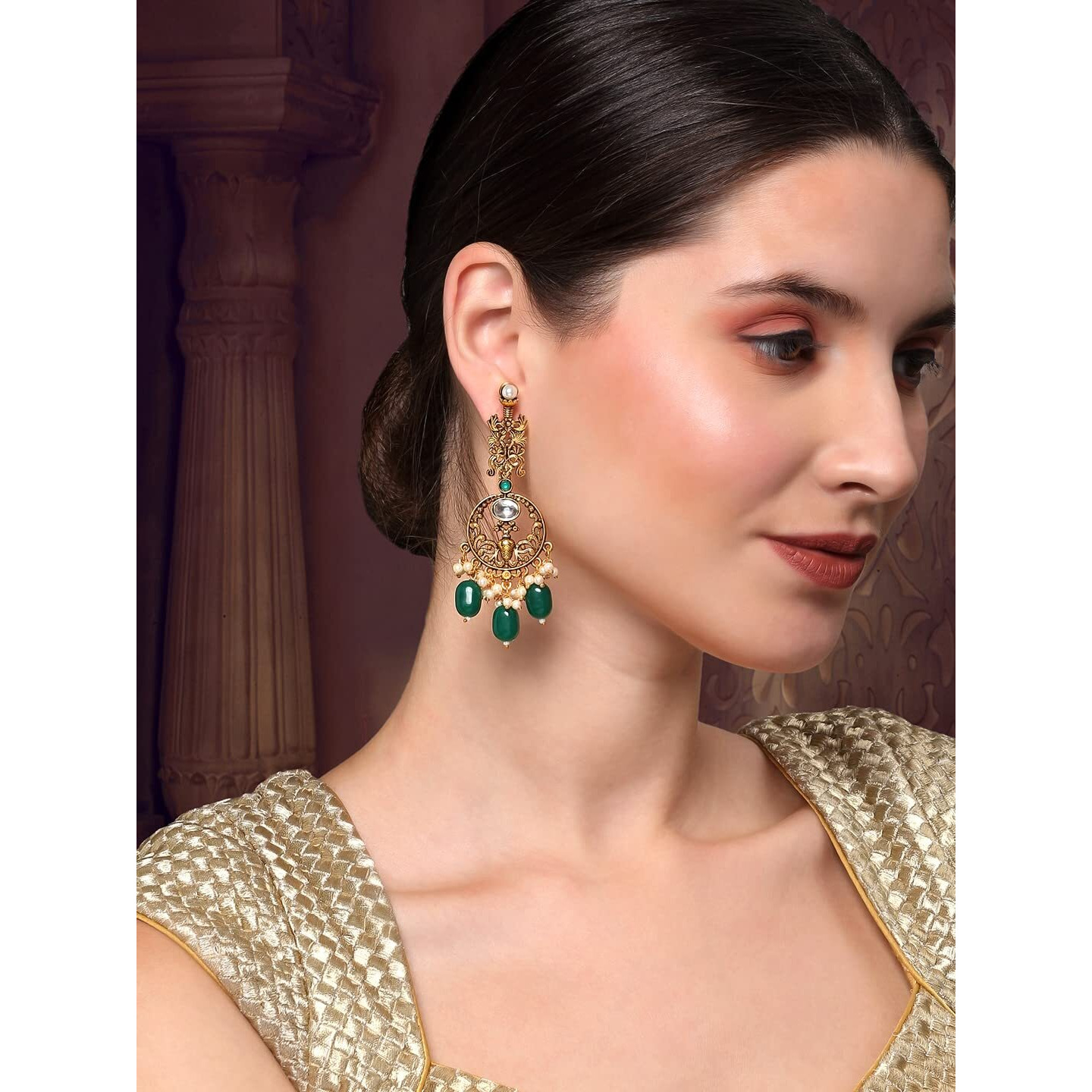 Yellow Chimes Earrings for Women Oxidised Gold Pearl Crystal Studded Green White Beads Drop Dangler Drop Earrings for Women and Girls
