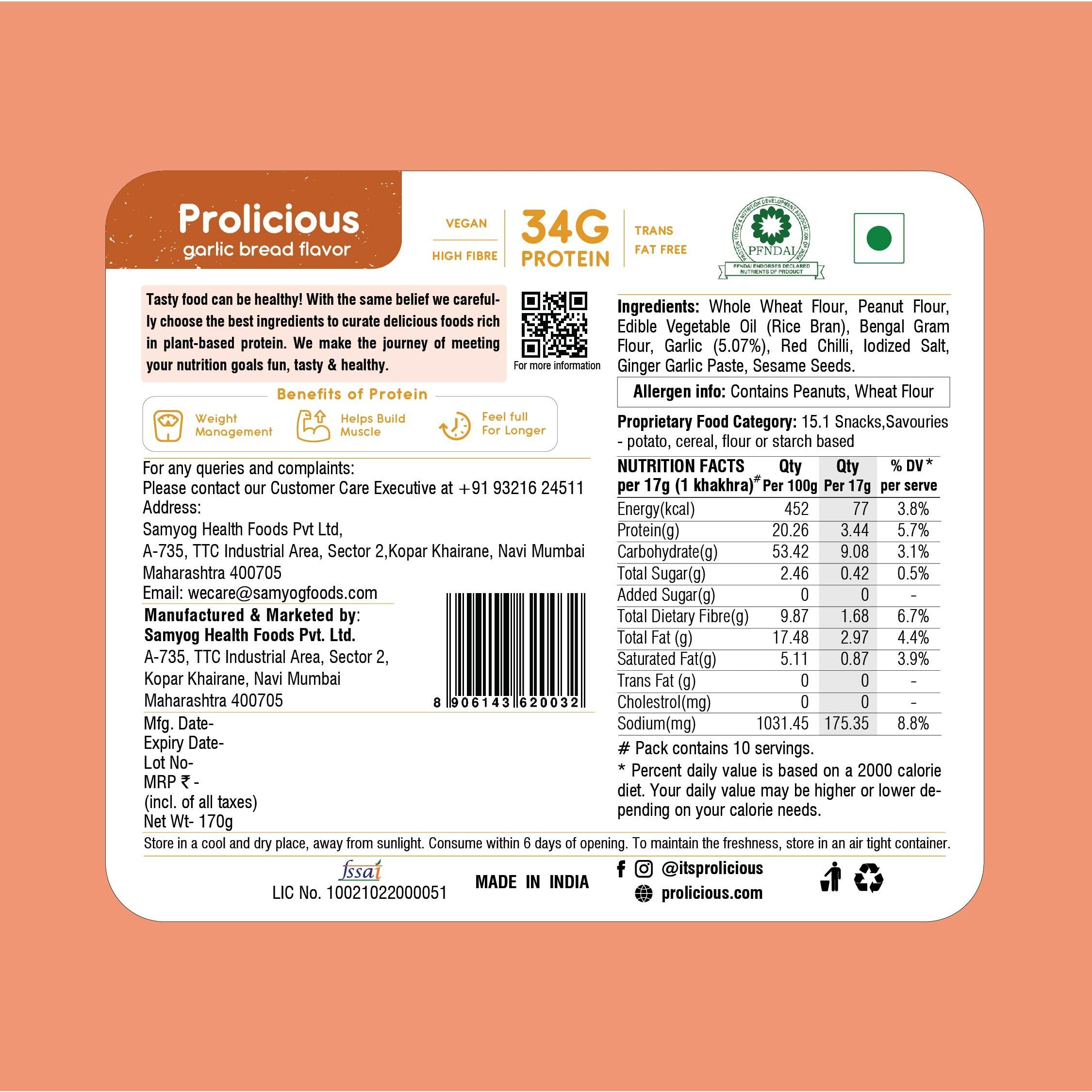 Prolicious 2X Protein Garlic Bread Khakra | NO Palm Oil | Crispy | Ready to Eat | Flavourful | High Protein Healthy Anytime Snack  (Pack of 4, 170 Grams each) (Garlic Bread)