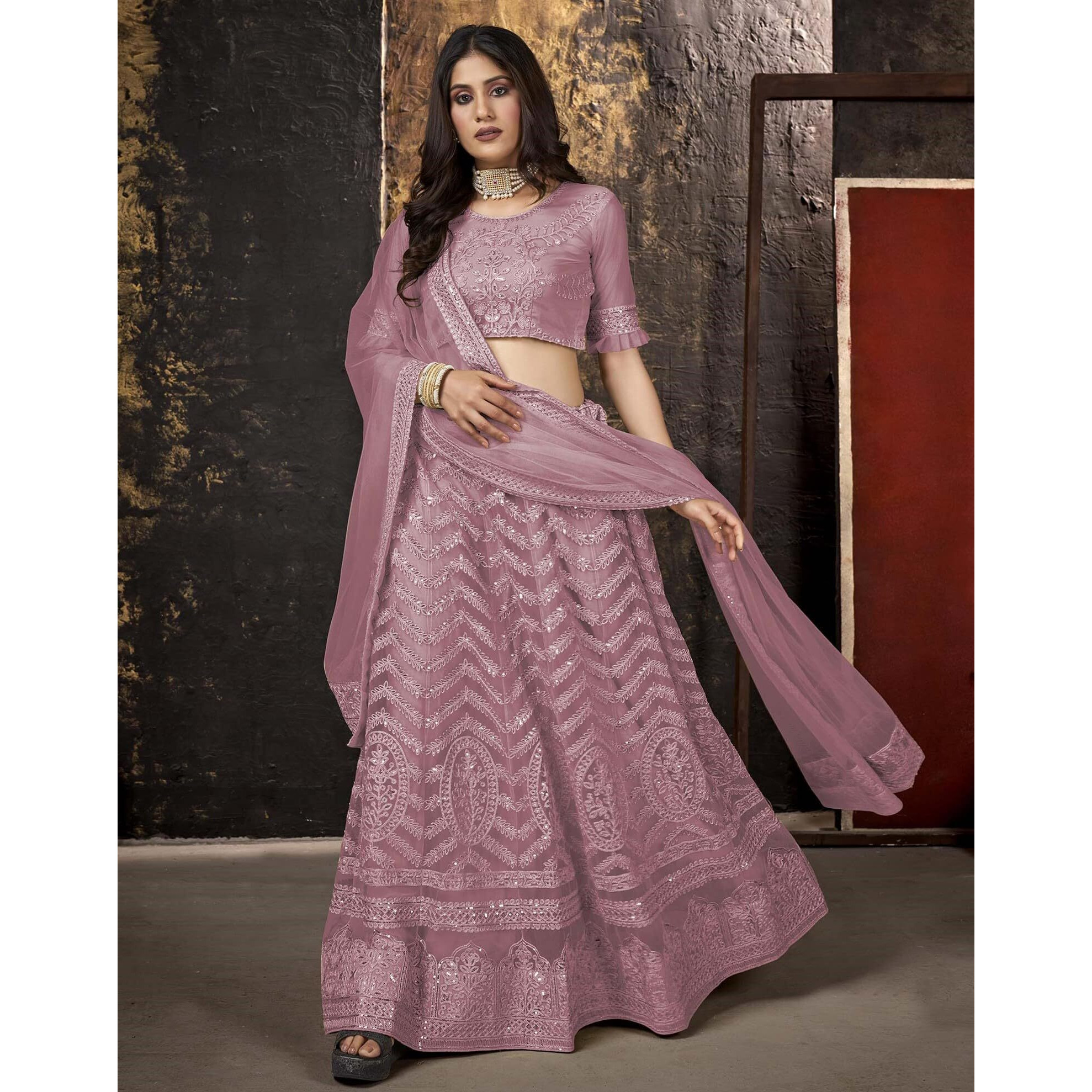 ZAALIMA FASHION WITH Z LOGO Amazon Brand-Women's Net Embroidred Lehenga Choli And Dupatta Set (Free Size) (Pink)
