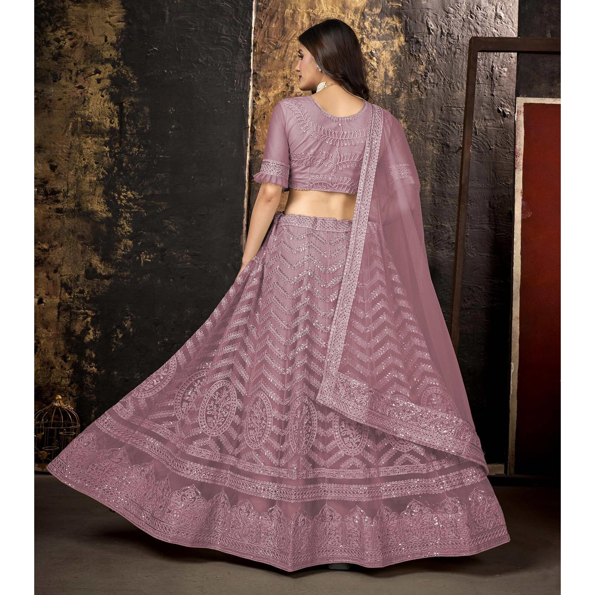 ZAALIMA FASHION WITH Z LOGO Amazon Brand-Women's Net Embroidred Lehenga Choli And Dupatta Set (Free Size) (Pink)