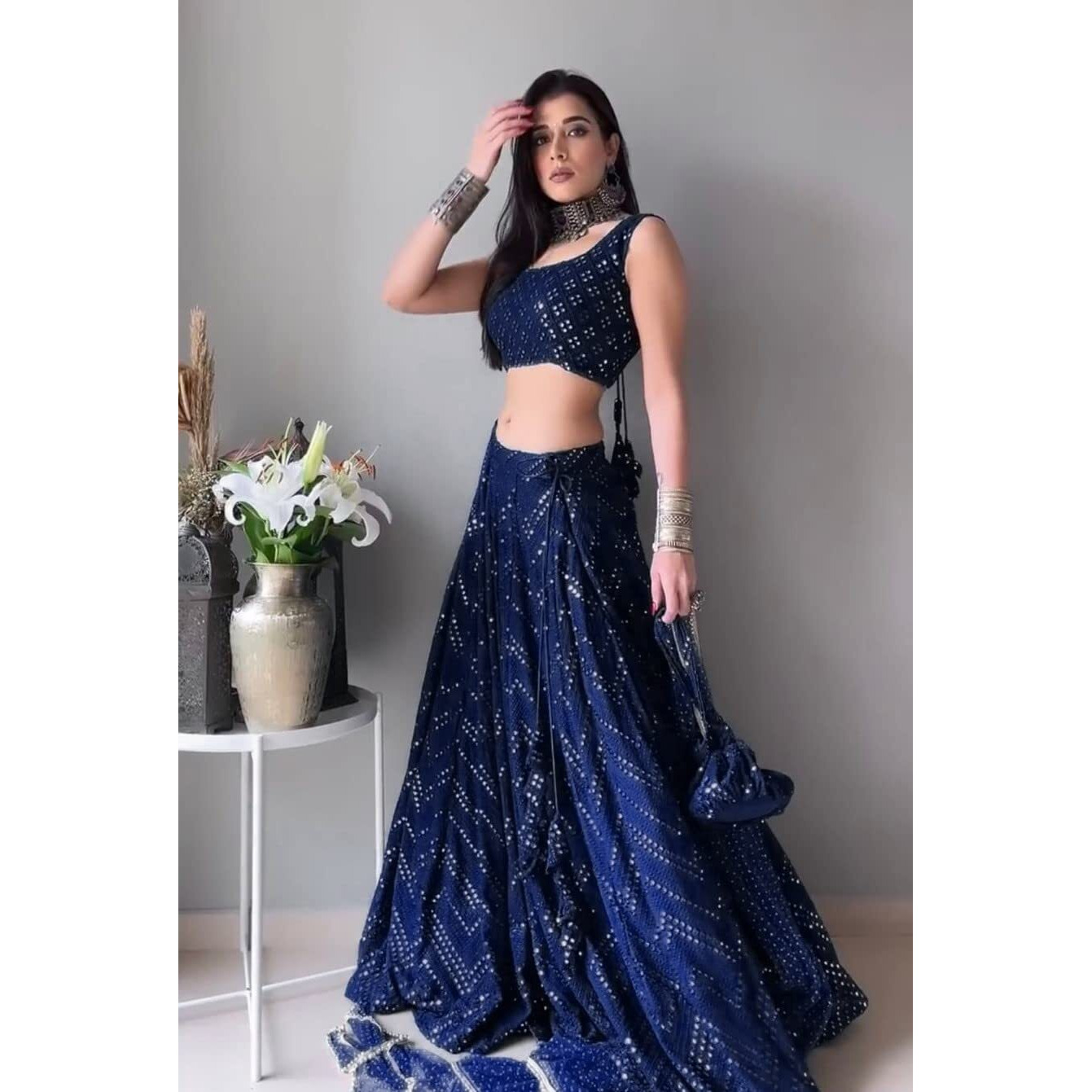 ZAALIMA FASHION WITH Z LOGO Amazon India Women's Heavy Satin And Sequence Embroidery Work Semi Stitched Lehenga Choli & Dupatta Set(Free_Size) (Blue)