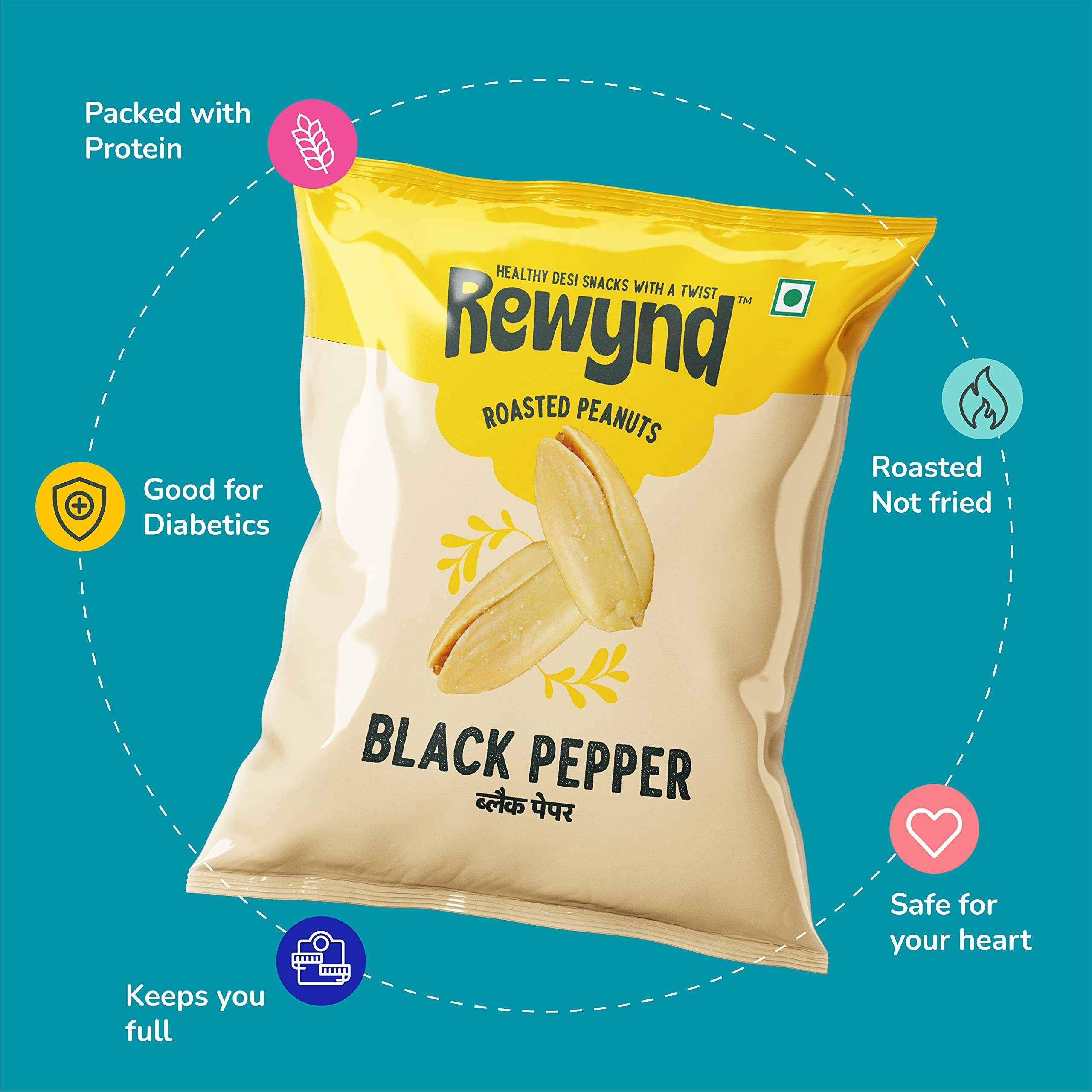 Rewynd Black Pepper Roasted Peanuts | 560gm (Pack of 4) | Roasted | Healthy & Tasty | 100% Veg | Healthy Snack for Anytime Snacking