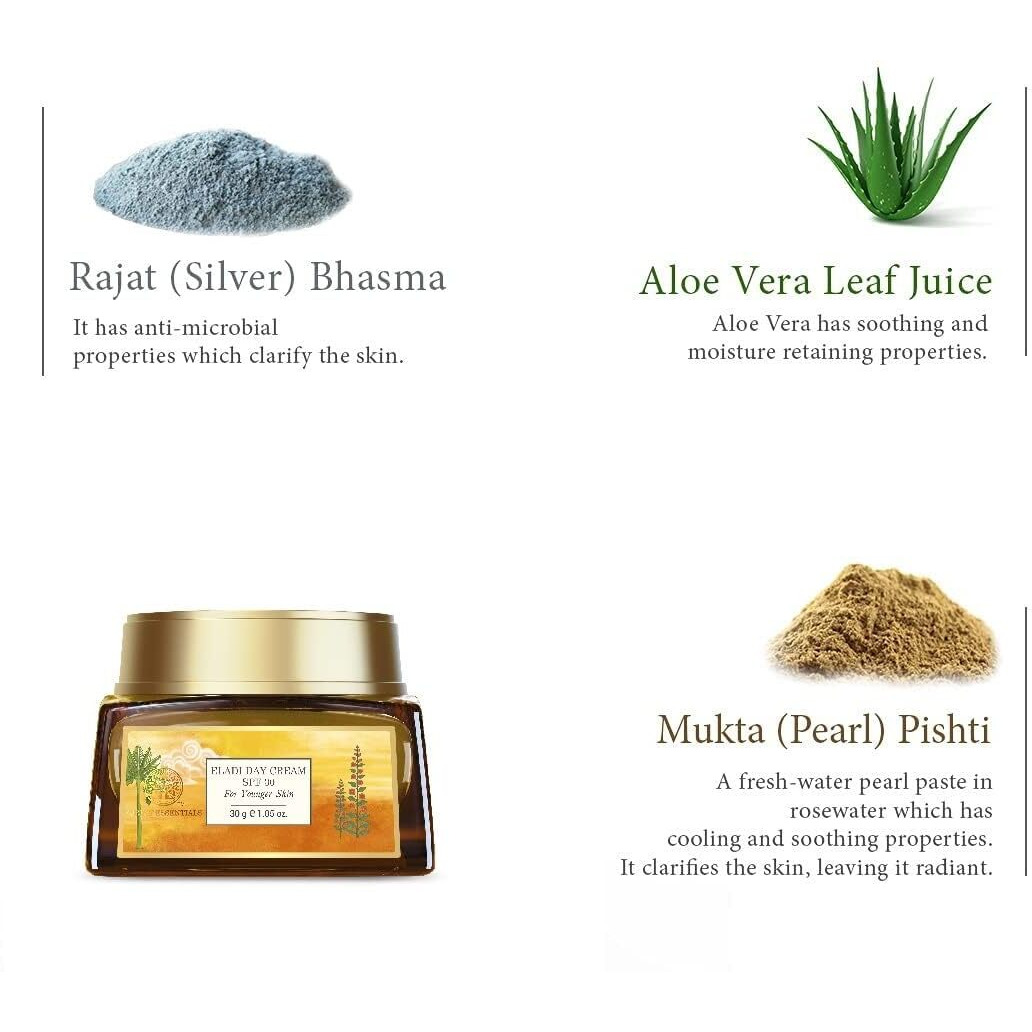 Forest Essentials Eladi Day Cream with SPF 30 | Ayurvedic Cooling Face Cream for Acne Prone Skin | With Vitamin C Concentrate, Niacinamide, & Natural Zinc Bhasma