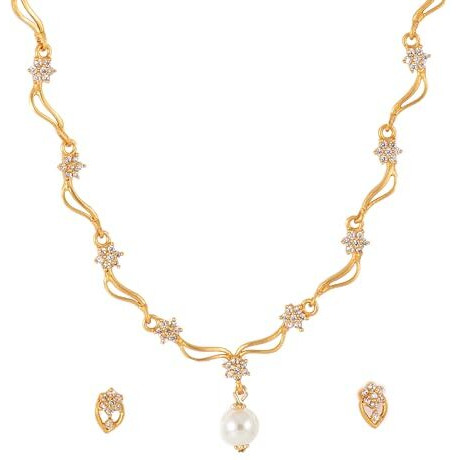Estele Jewellery For Women Gold Plated CZ Star Wave Designer Necklace Set with White Stones & Pearl for Girls and Women-AD-401-BGWE NKER