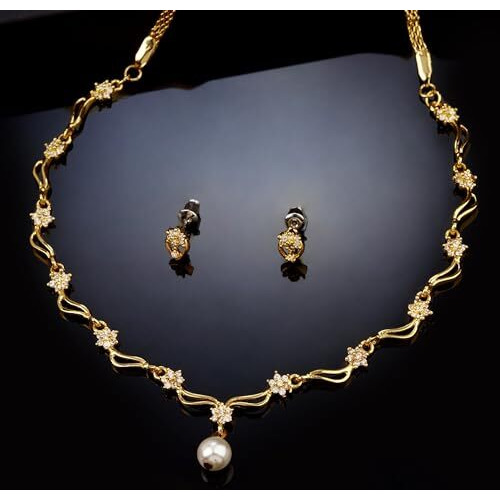 Estele Jewellery For Women Gold Plated CZ Star Wave Designer Necklace Set with White Stones & Pearl for Girls and Women-AD-401-BGWE NKER