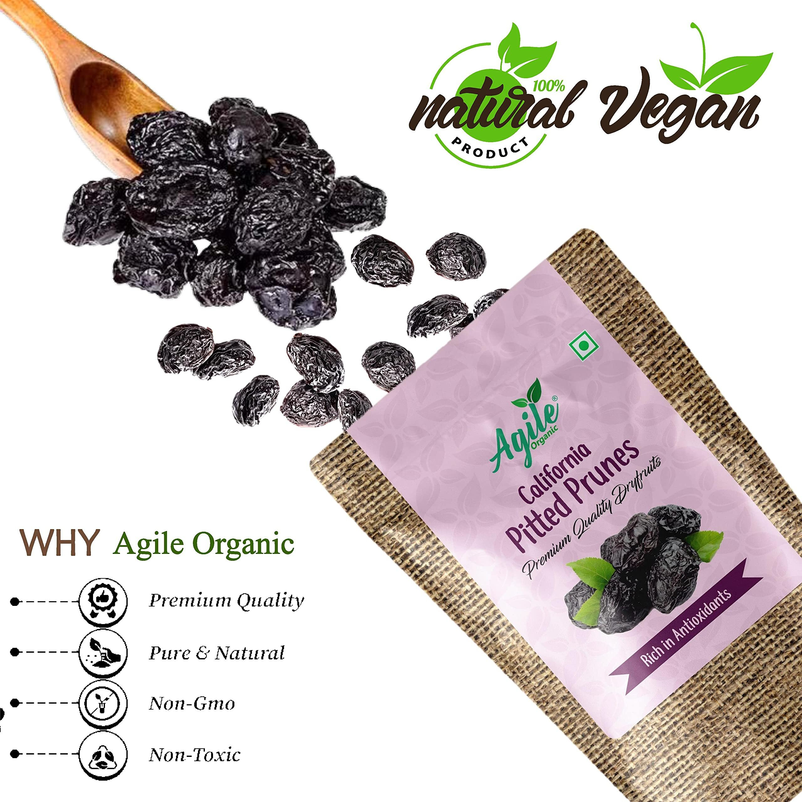 Agile Organic California Pitted Prunes - 250g / 8.82oz | Imported Premium Dry Fruit | Unsweetened | High in Fiber & Antioxidants (Prune 250 gram)