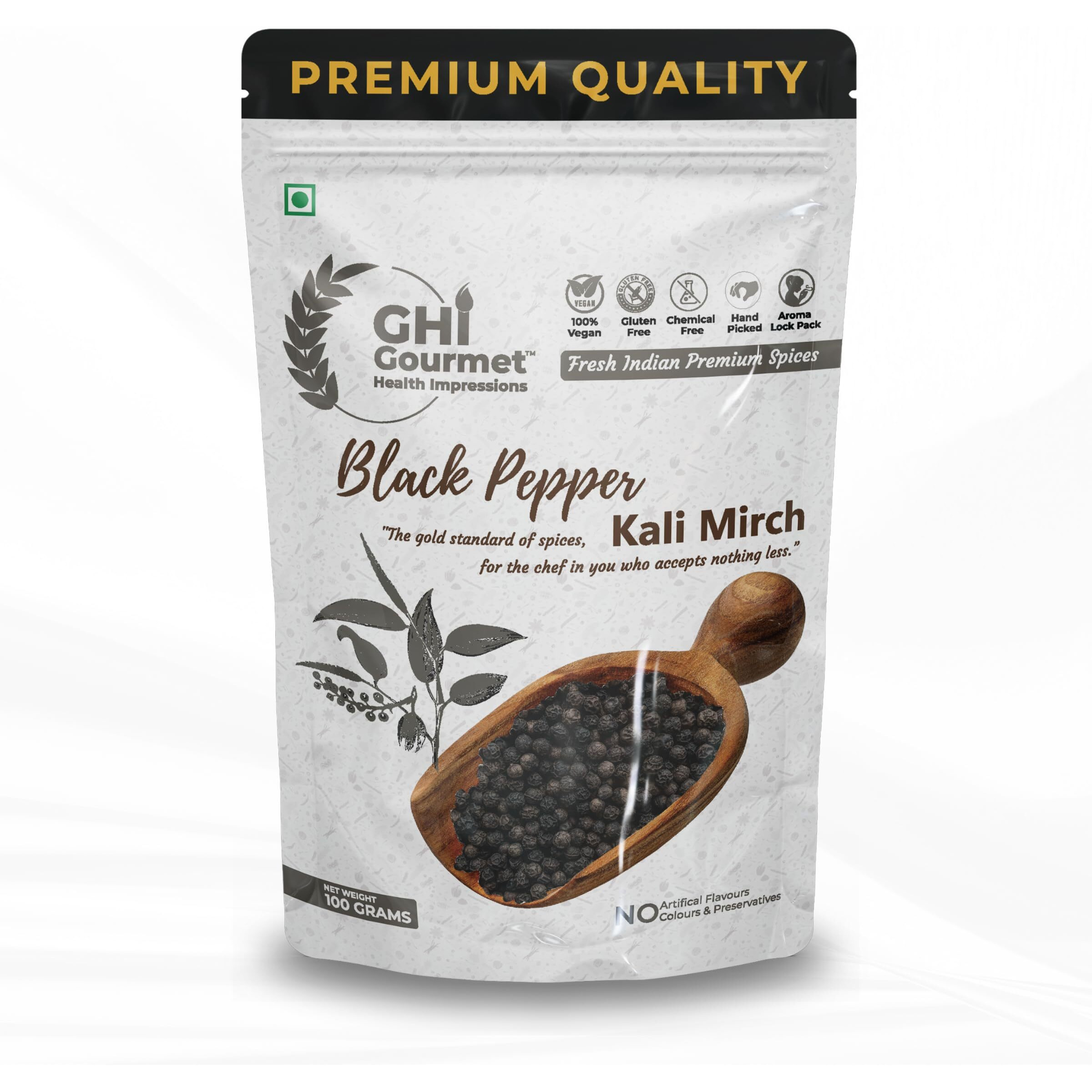 GOURMET HEALTH IMPRESSIONS Superior Grade Wayanad Region Tellycherry Bold Whole Black Pepper (Kali Mirch) 100g - Aromatic, Freshly Packed, Non-GMO |100% Machine Sortex - 600 GL | GHI Foods