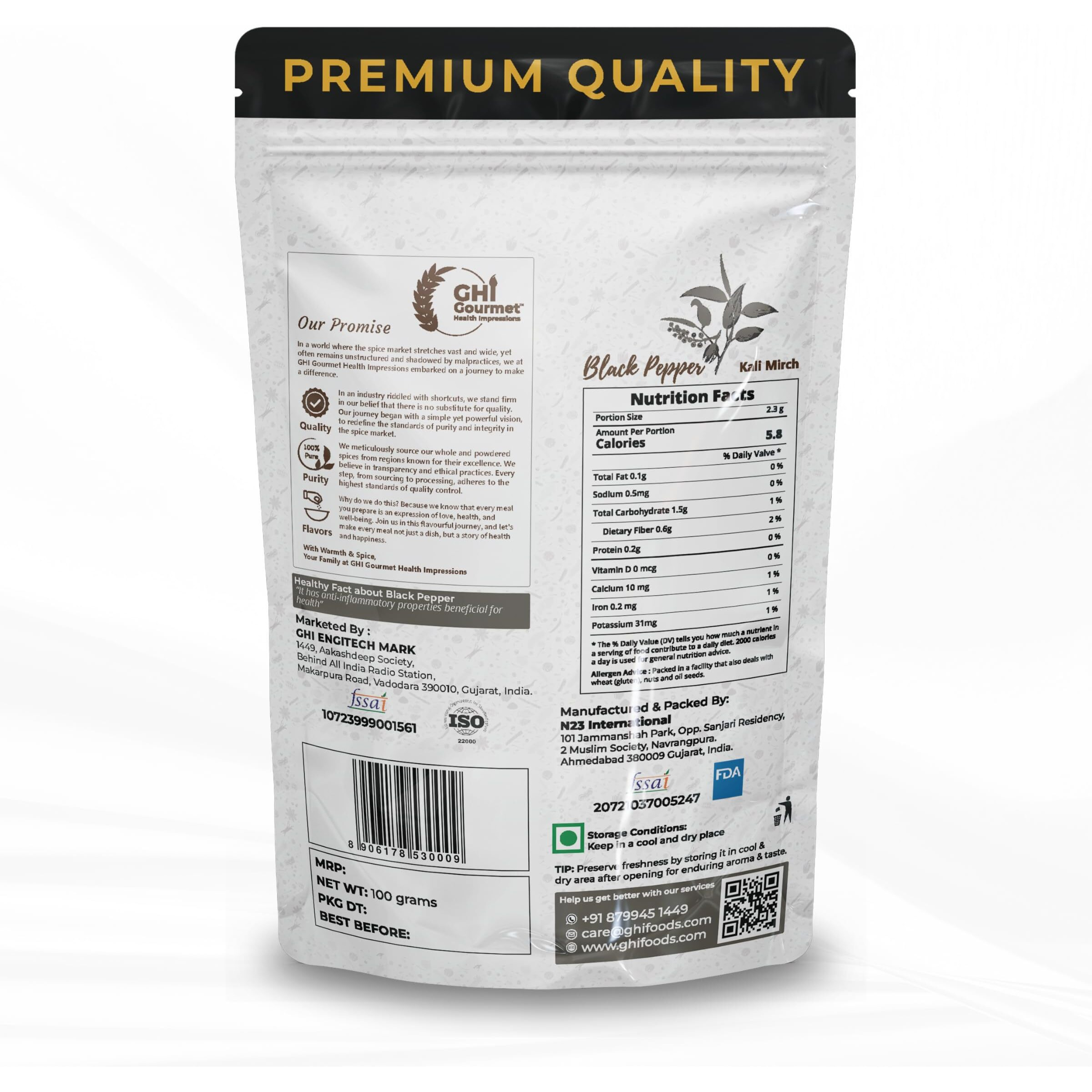 GOURMET HEALTH IMPRESSIONS Superior Grade Wayanad Region Tellycherry Bold Whole Black Pepper (Kali Mirch) 100g - Aromatic, Freshly Packed, Non-GMO |100% Machine Sortex - 600 GL | GHI Foods
