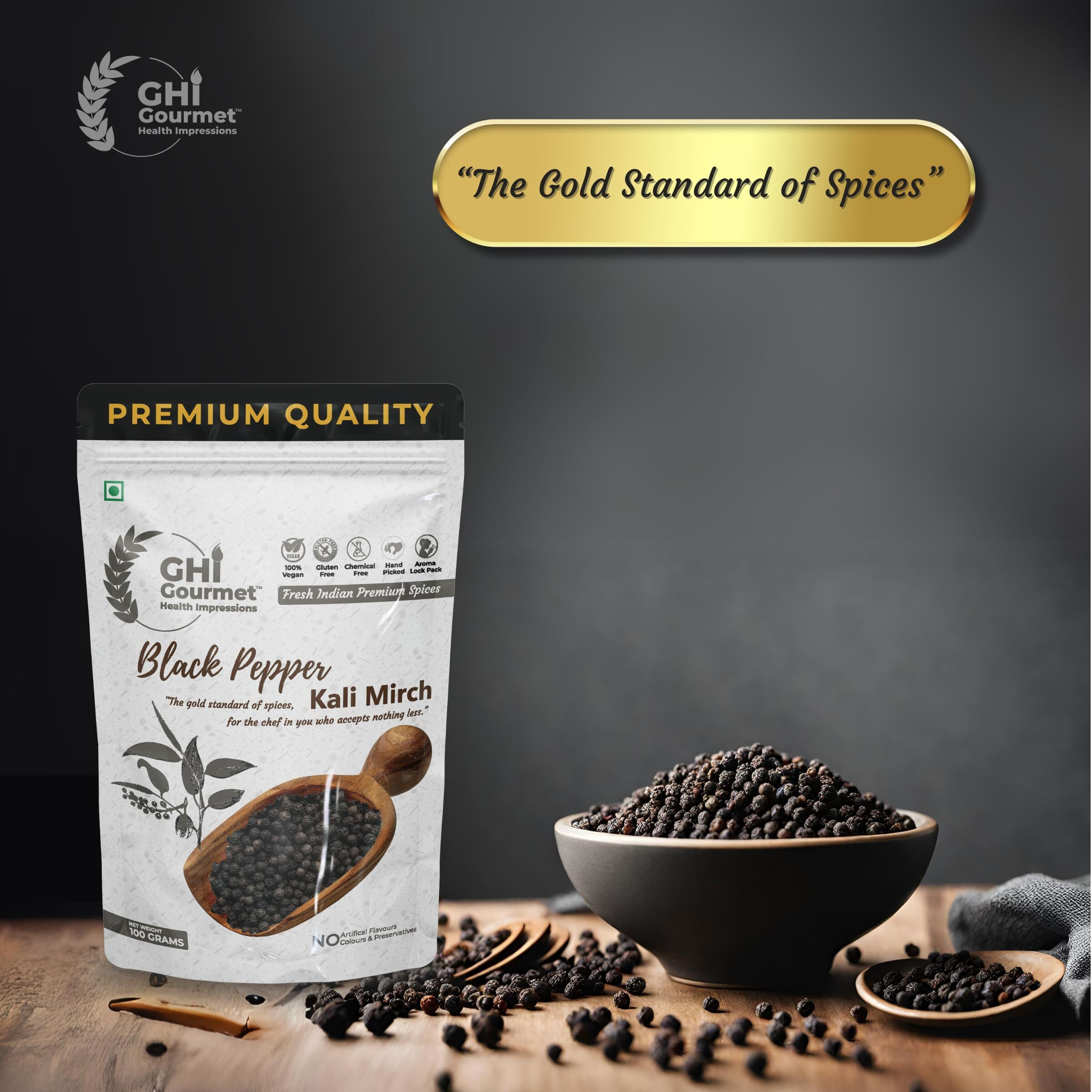 GOURMET HEALTH IMPRESSIONS Superior Grade Wayanad Region Tellycherry Bold Whole Black Pepper (Kali Mirch) 100g - Aromatic, Freshly Packed, Non-GMO |100% Machine Sortex - 600 GL | GHI Foods