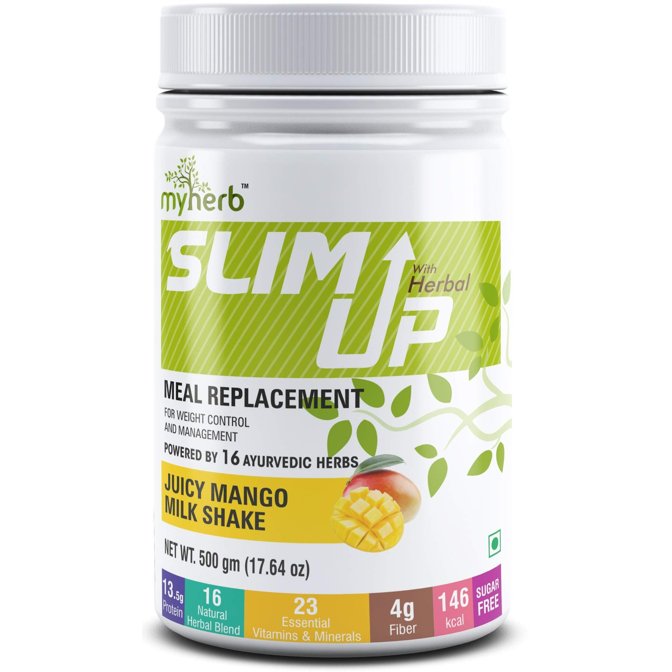 MYHERB Slim Up Meal Replacement Shake With 16 Natural Herbal Blend (Ayurvedic Formula) For Weight Control&Management-13.5g Protein-23 Vitamins For Men&Women (Juicy Mango Milk Shake, 500 gm)