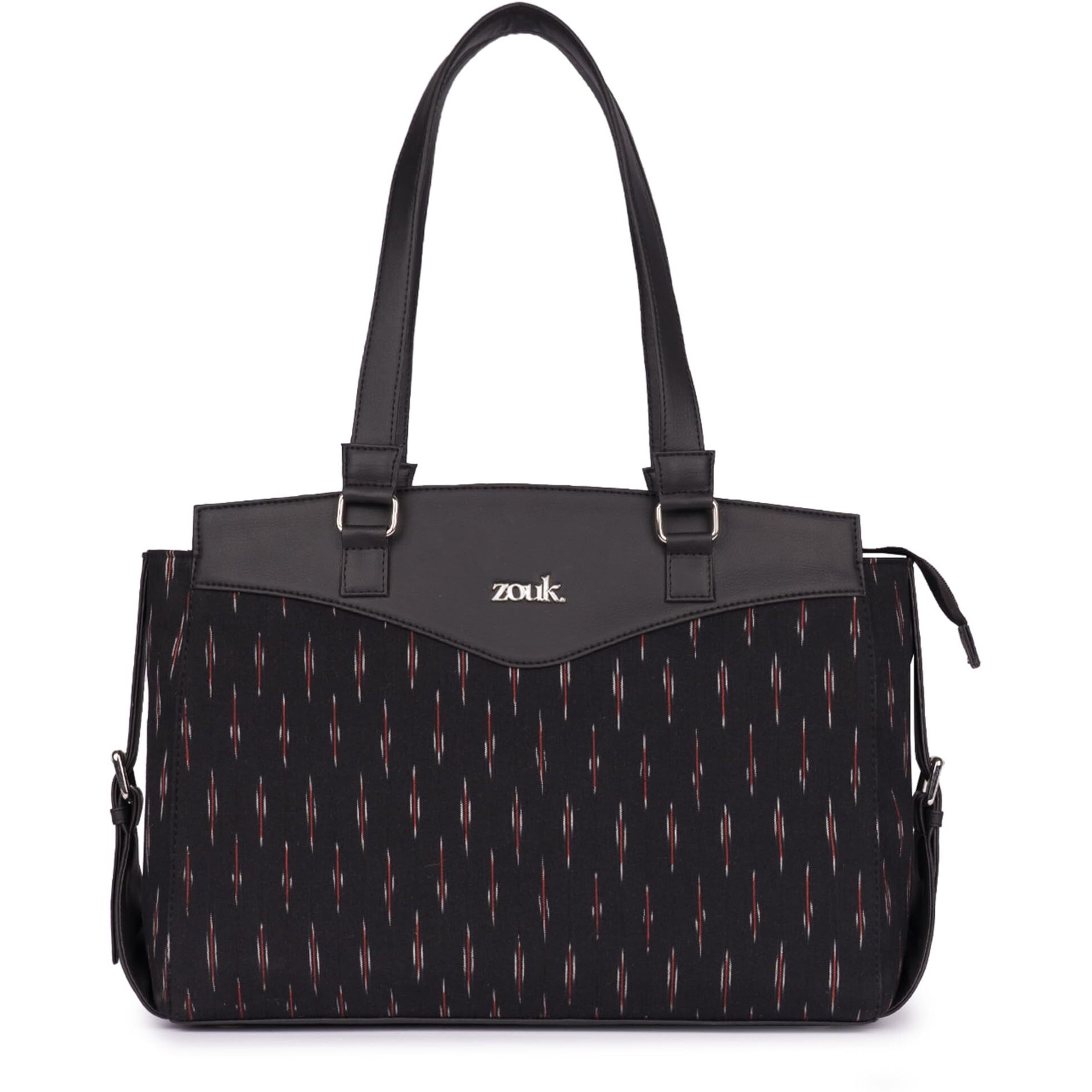 ZOUK Ikat GreRed Printed Jute Vegan Leather Black and Red Womens Office Work Bag With Double Handles Strap