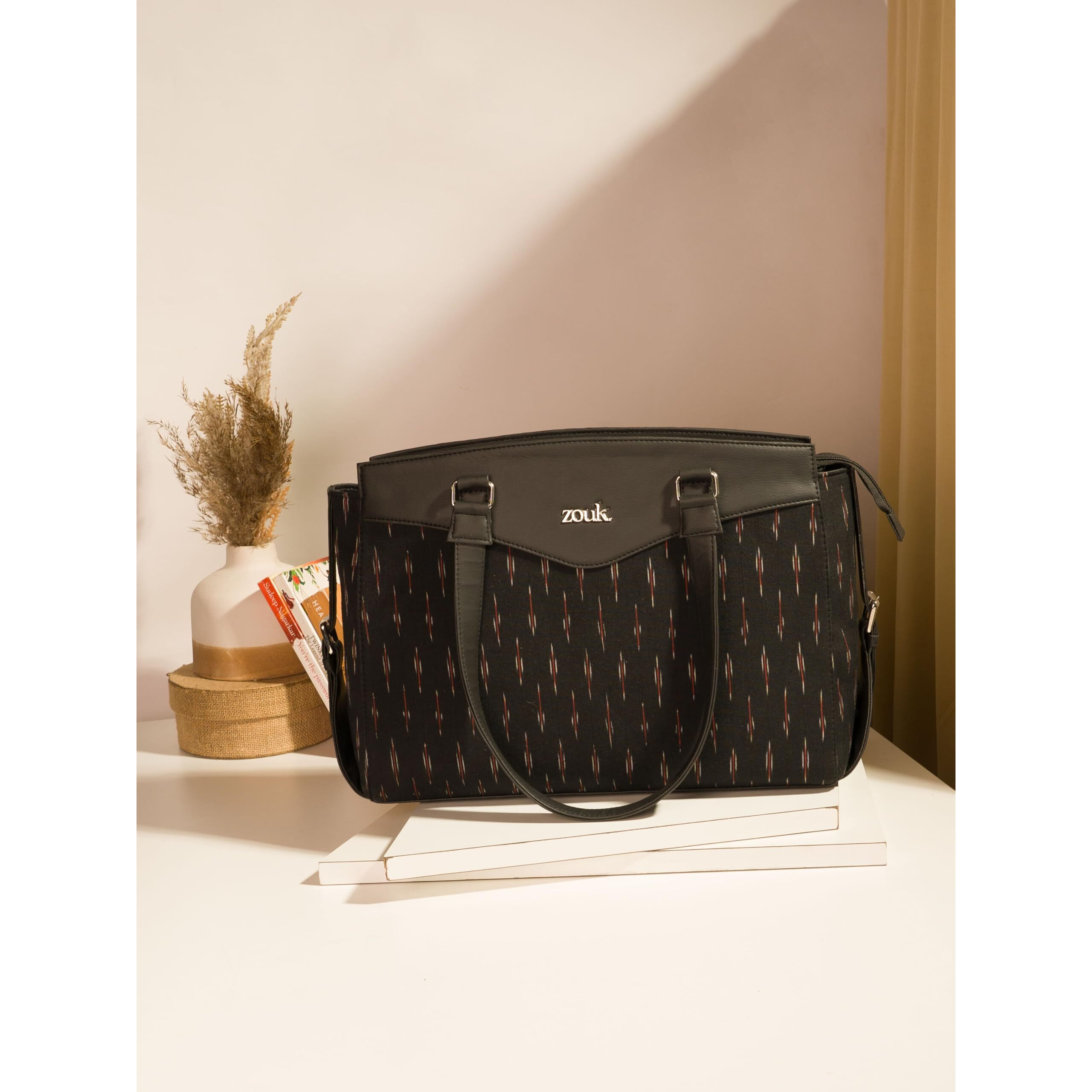 ZOUK Ikat GreRed Printed Jute Vegan Leather Black and Red Womens Office Work Bag With Double Handles Strap