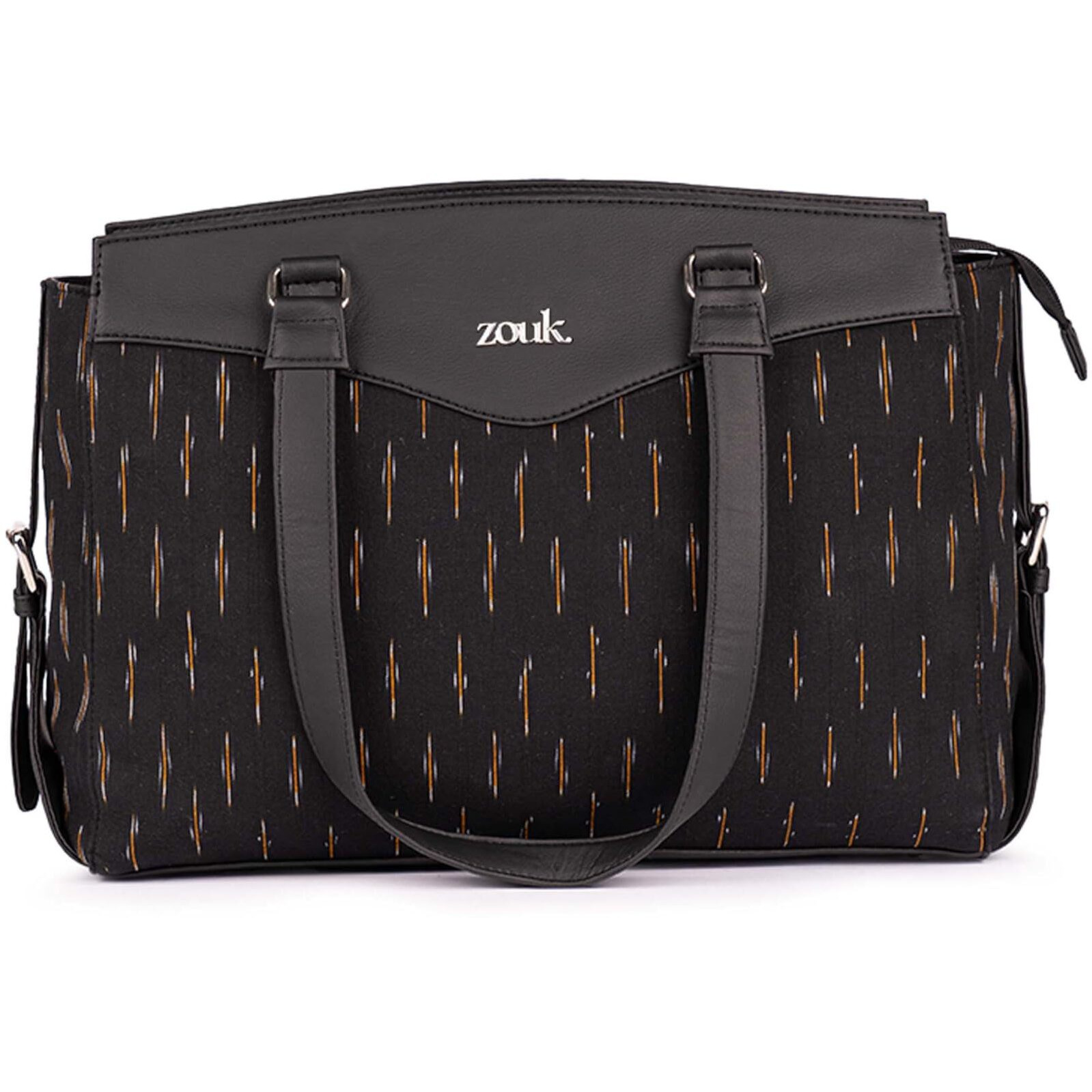 ZOUK Ikat GreRe Printed Jute Vegan Leather Black and Yellow Womens Office Work Bag With Double Handles Strap