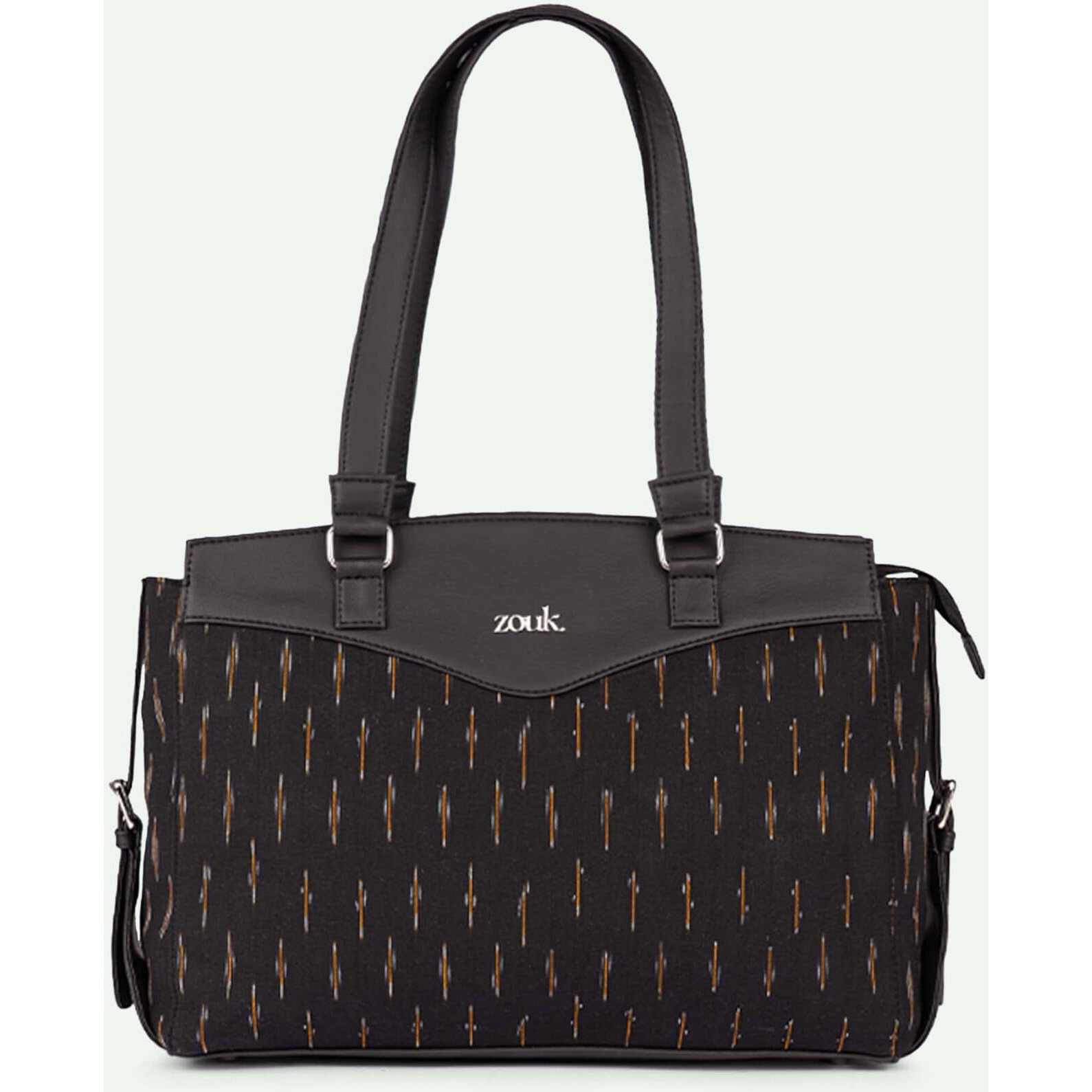 ZOUK Ikat GreRe Printed Jute Vegan Leather Black and Yellow Womens Office Work Bag With Double Handles Strap