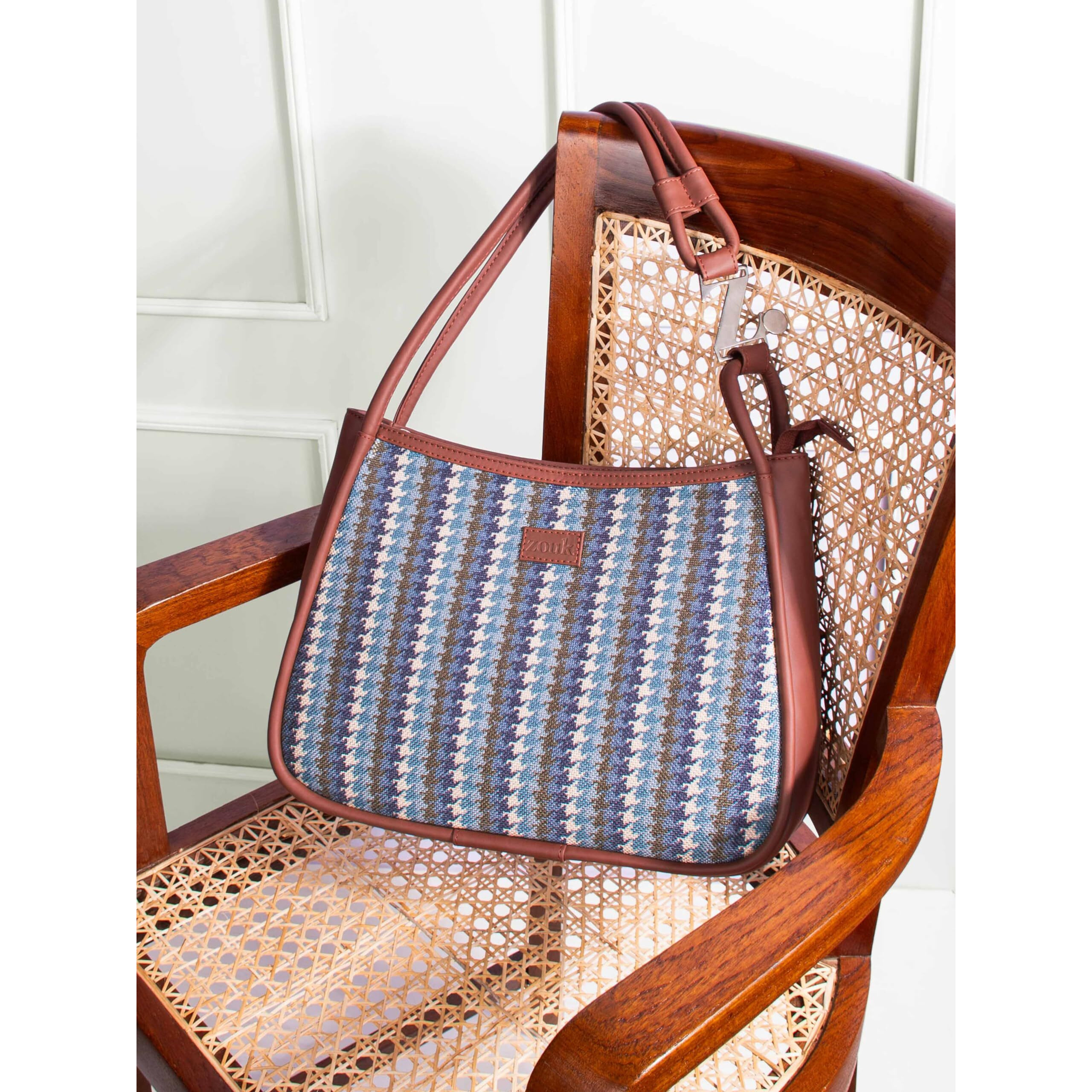 ZOUK Bombay Houndstooth Printed Jute Handcrafted Vegan Leather Multicolor Womens Sleek Shoulder Bag |Hobo Bag|