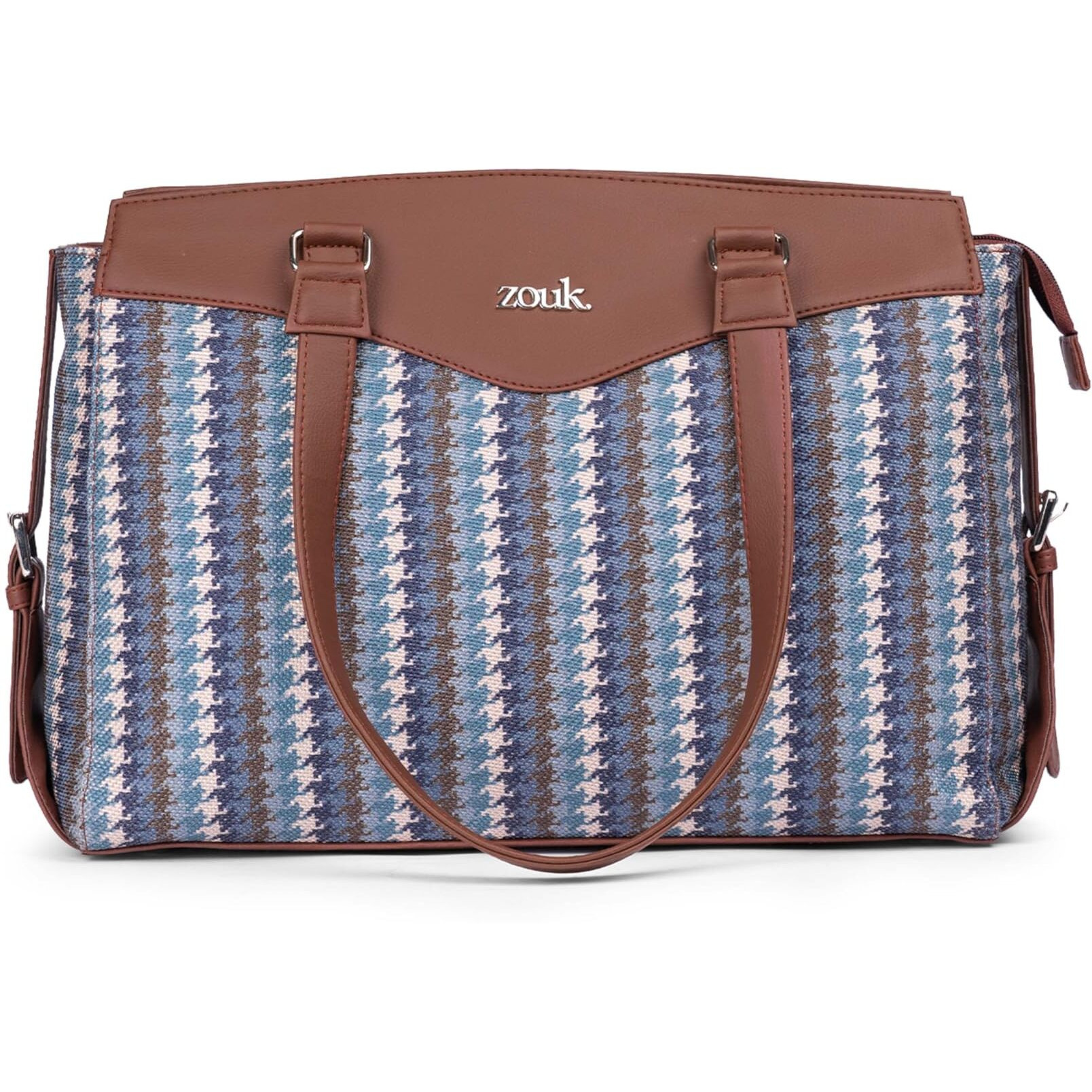 ZOUK Bombay Houndstooth Printed Jute Vegan Leather Multicolor Womens Office Work Bag With Double Handles Strap
