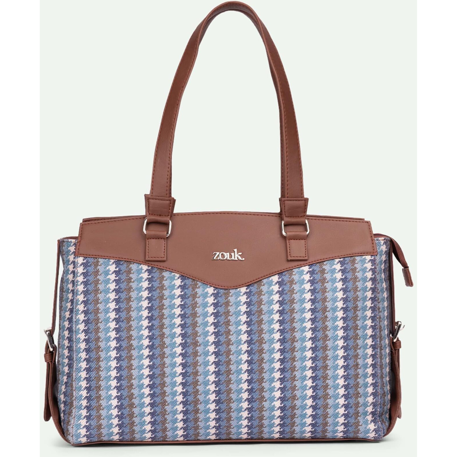 ZOUK Bombay Houndstooth Printed Jute Vegan Leather Multicolor Womens Office Work Bag With Double Handles Strap