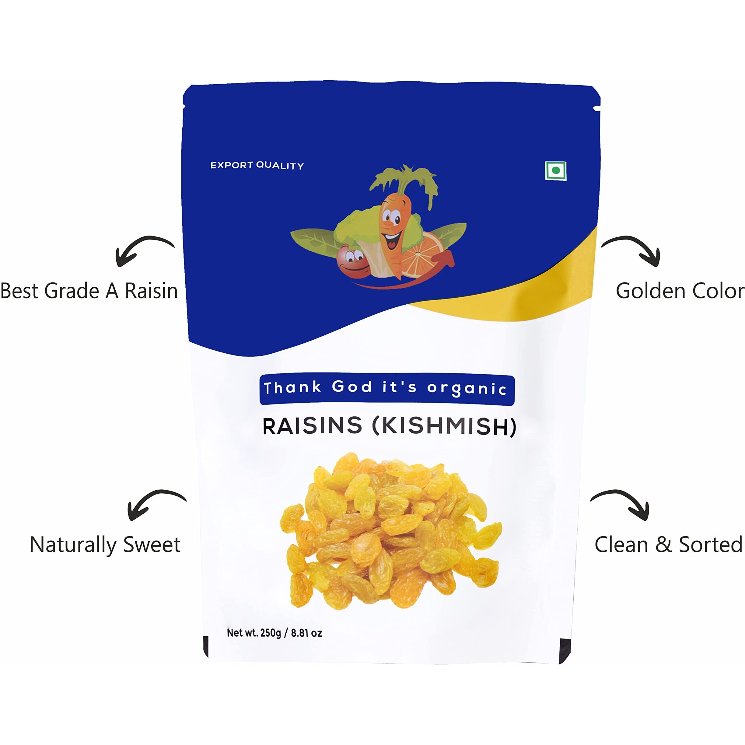 Thank god its organic Golden Yellow Raisin Juicy Yummy Delicious 750gm (3 packs of 250g)
