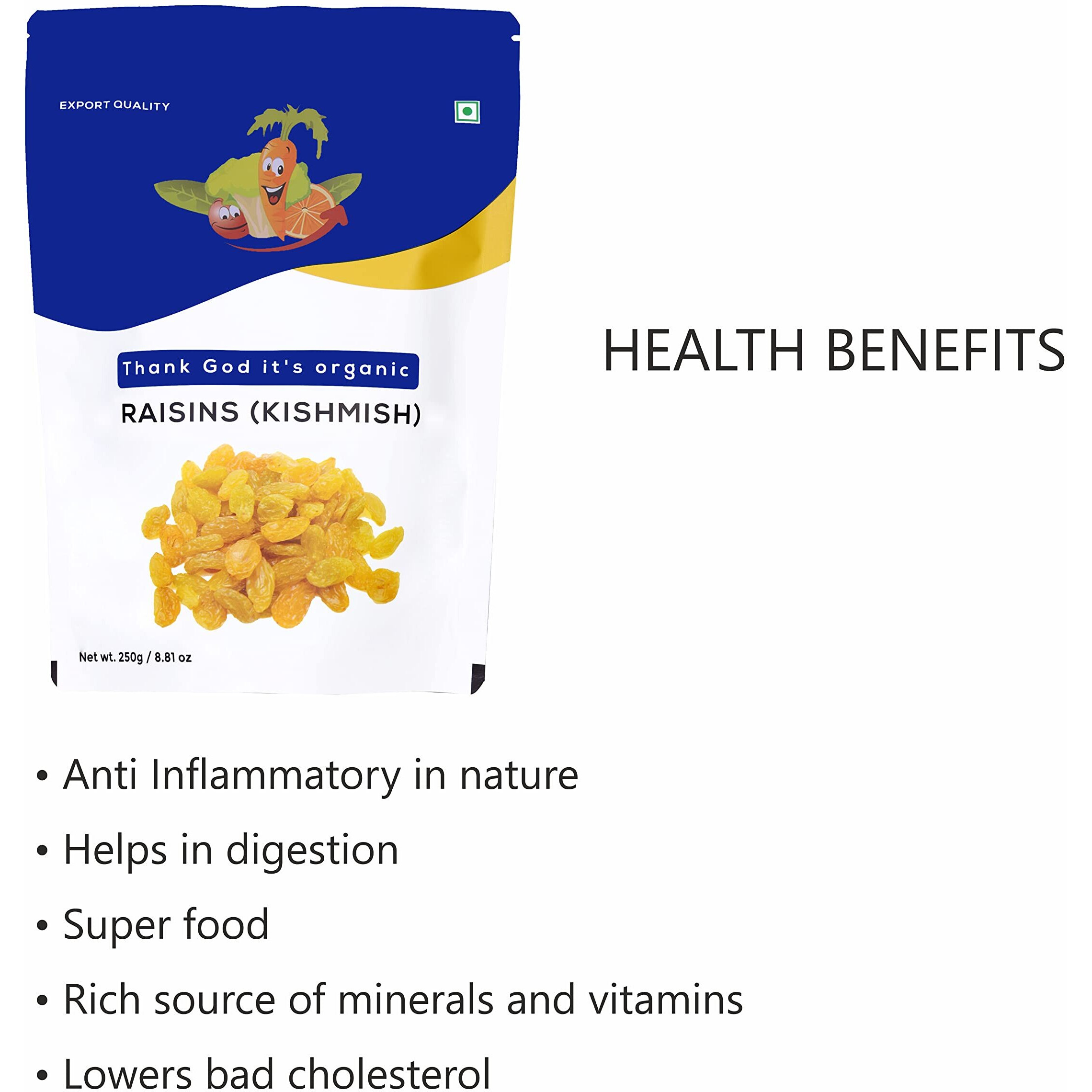 Thank god its organic Golden Yellow Raisin Juicy Yummy Delicious 750gm (3 packs of 250g)