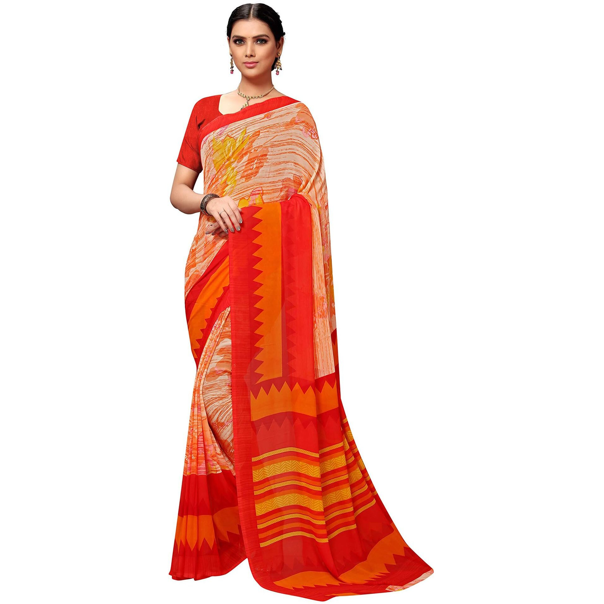 Vaamsi Womens Poly Georgette Printed Saree(PC1126, Orange, One Size)