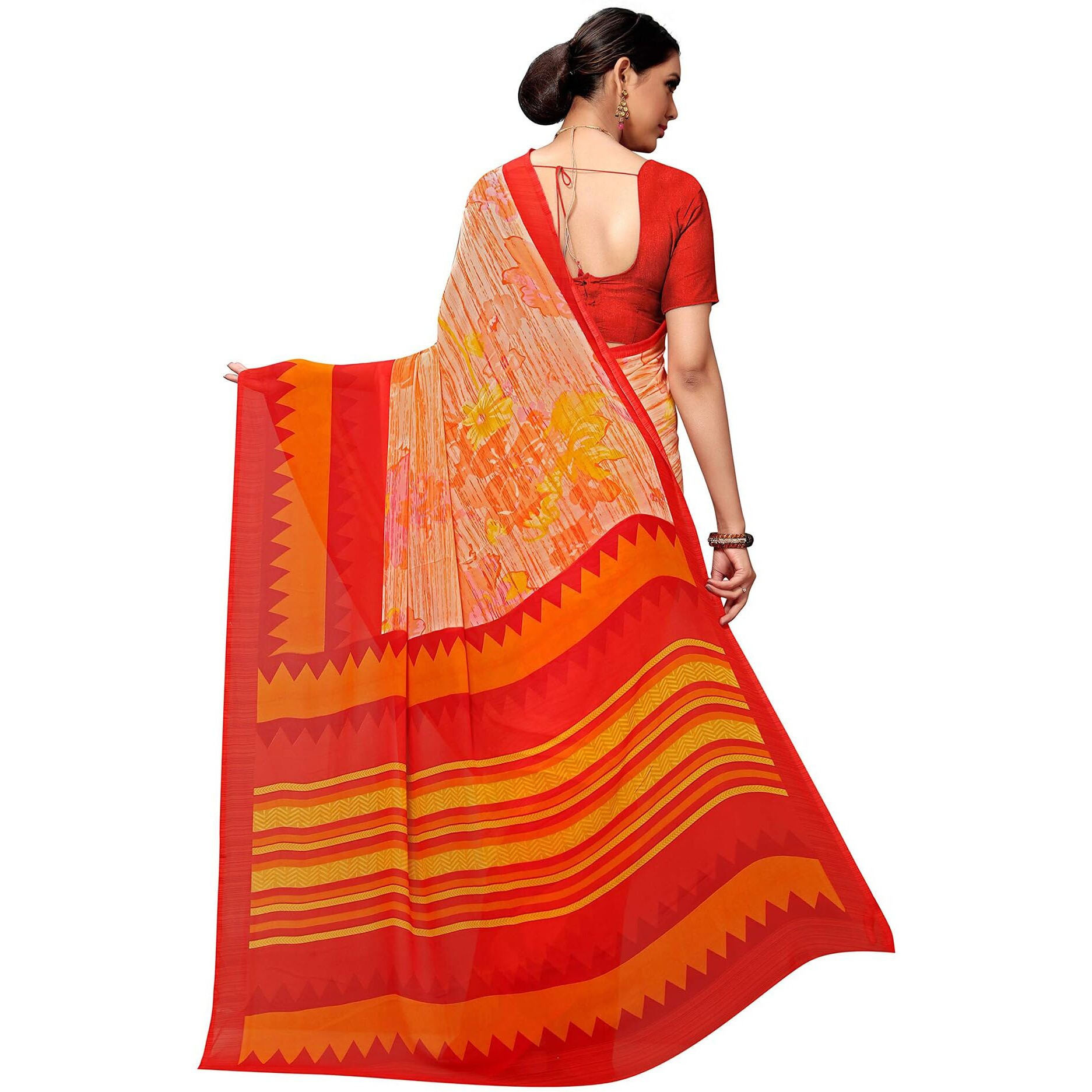 Vaamsi Womens Poly Georgette Printed Saree(PC1126, Orange, One Size)