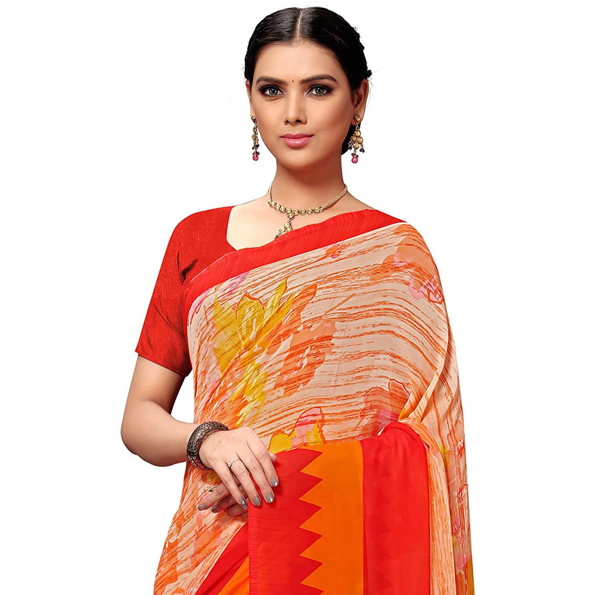 Vaamsi Womens Poly Georgette Printed Saree(PC1126, Orange, One Size)