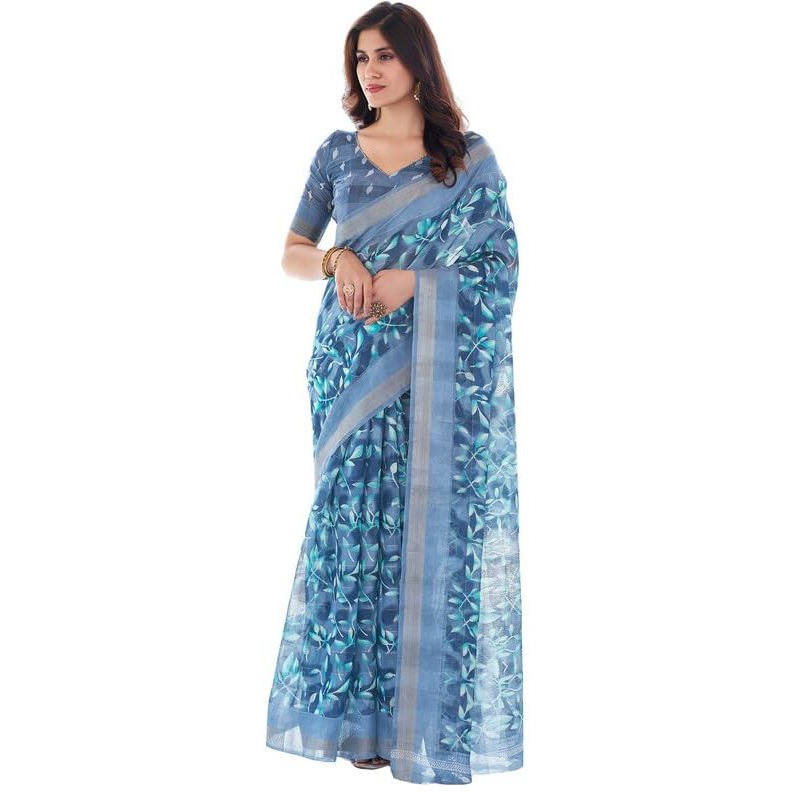 SIRIL Womens Cotton Floral Printed Saree With Unstitched Blouse Piece (3611S1275_Steel Blue)