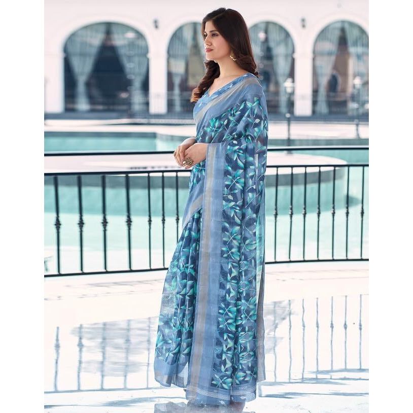 SIRIL Womens Cotton Floral Printed Saree With Unstitched Blouse Piece (3611S1275_Steel Blue)
