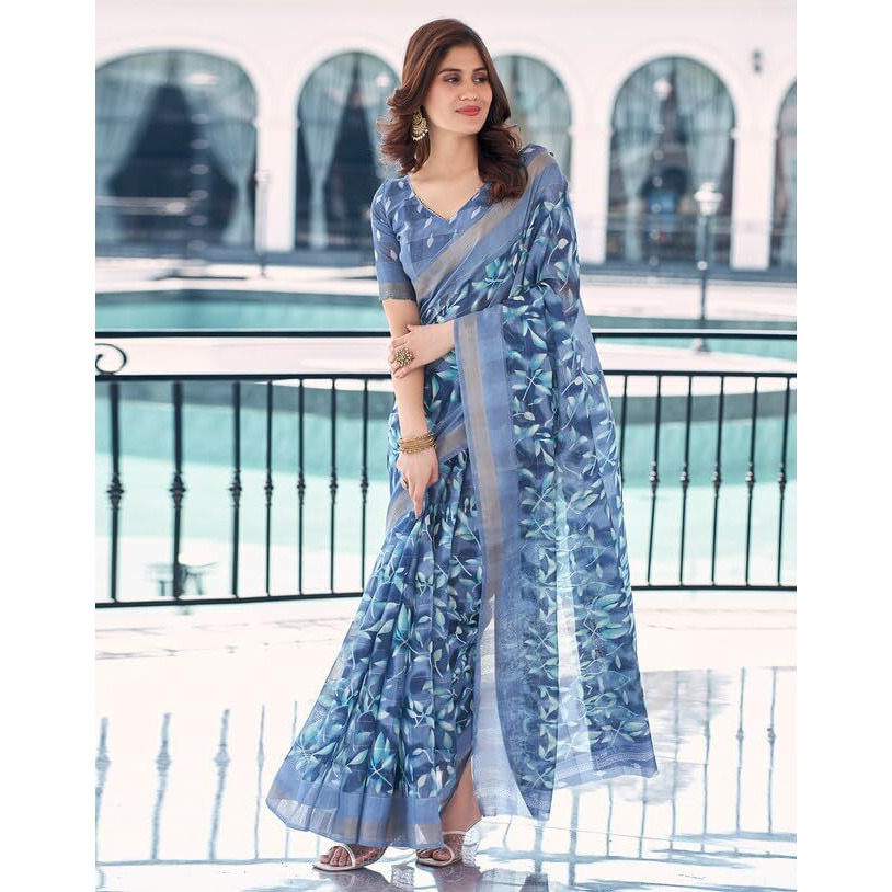SIRIL Womens Cotton Floral Printed Saree With Unstitched Blouse Piece (3611S1275_Steel Blue)