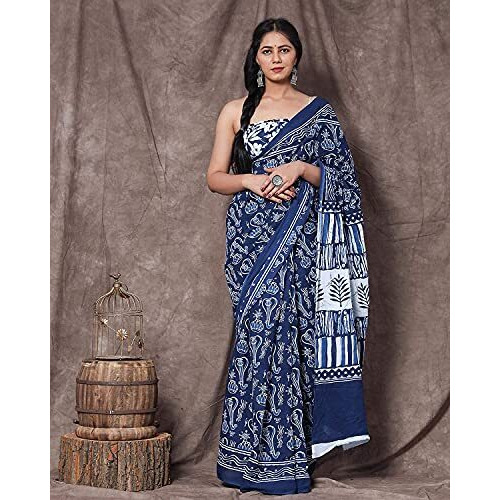 JALTHER Womens Ikat Hand Block Print Jaipuri Cotton Mulmul Saree with Blouse Piece -Blue_Sup_Blue_492_J2