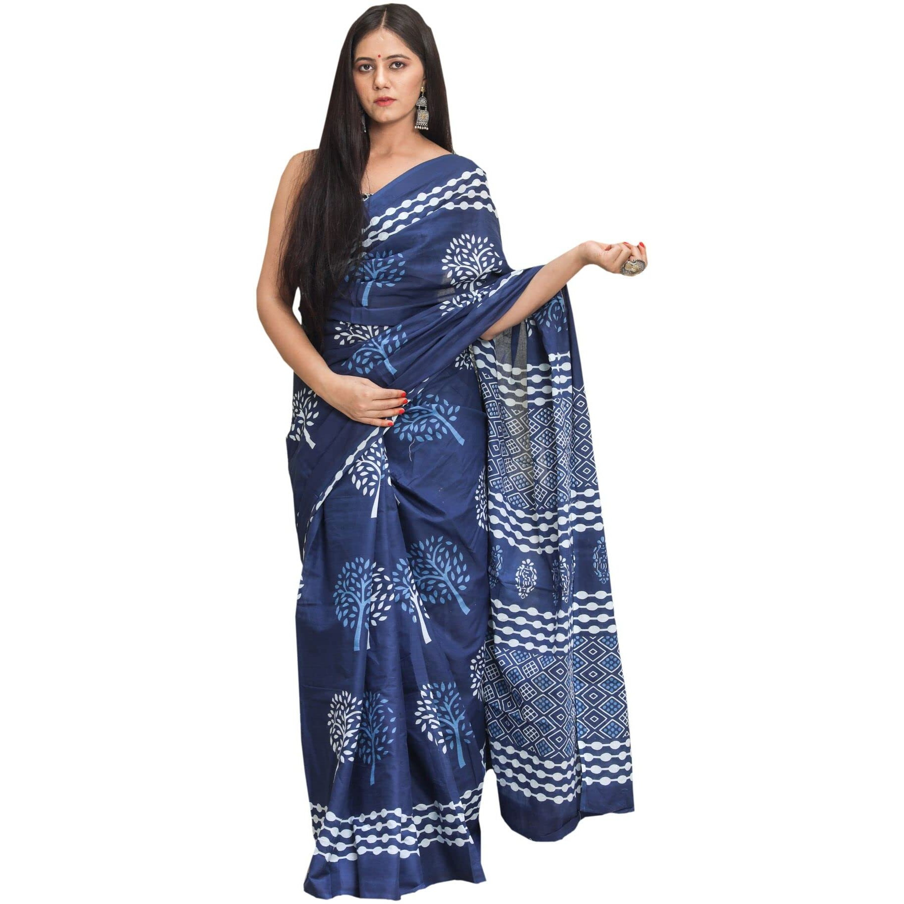 JALTHER Womens Ikat Hand Block Print Jaipuri Cotton Mulmul Saree with Blouse Piece -Blue_Sup_Blue_491_J2