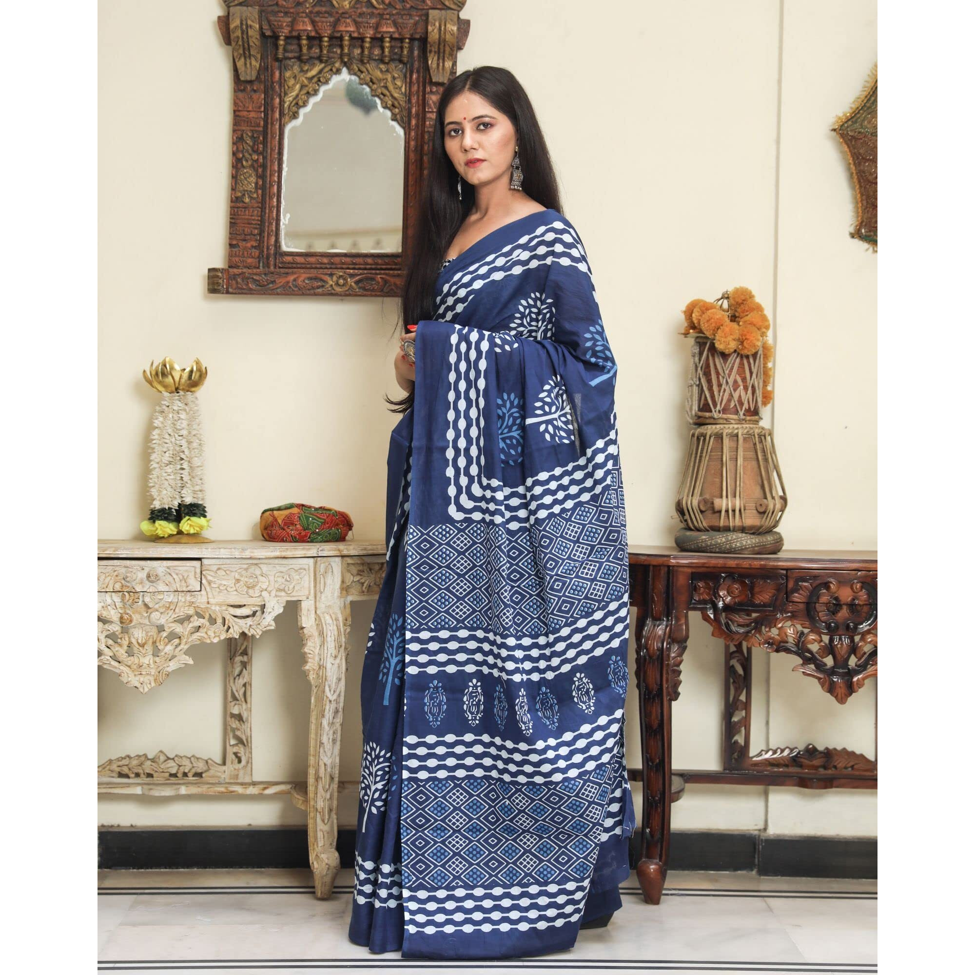 JALTHER Womens Ikat Hand Block Print Jaipuri Cotton Mulmul Saree with Blouse Piece -Blue_Sup_Blue_491_J2