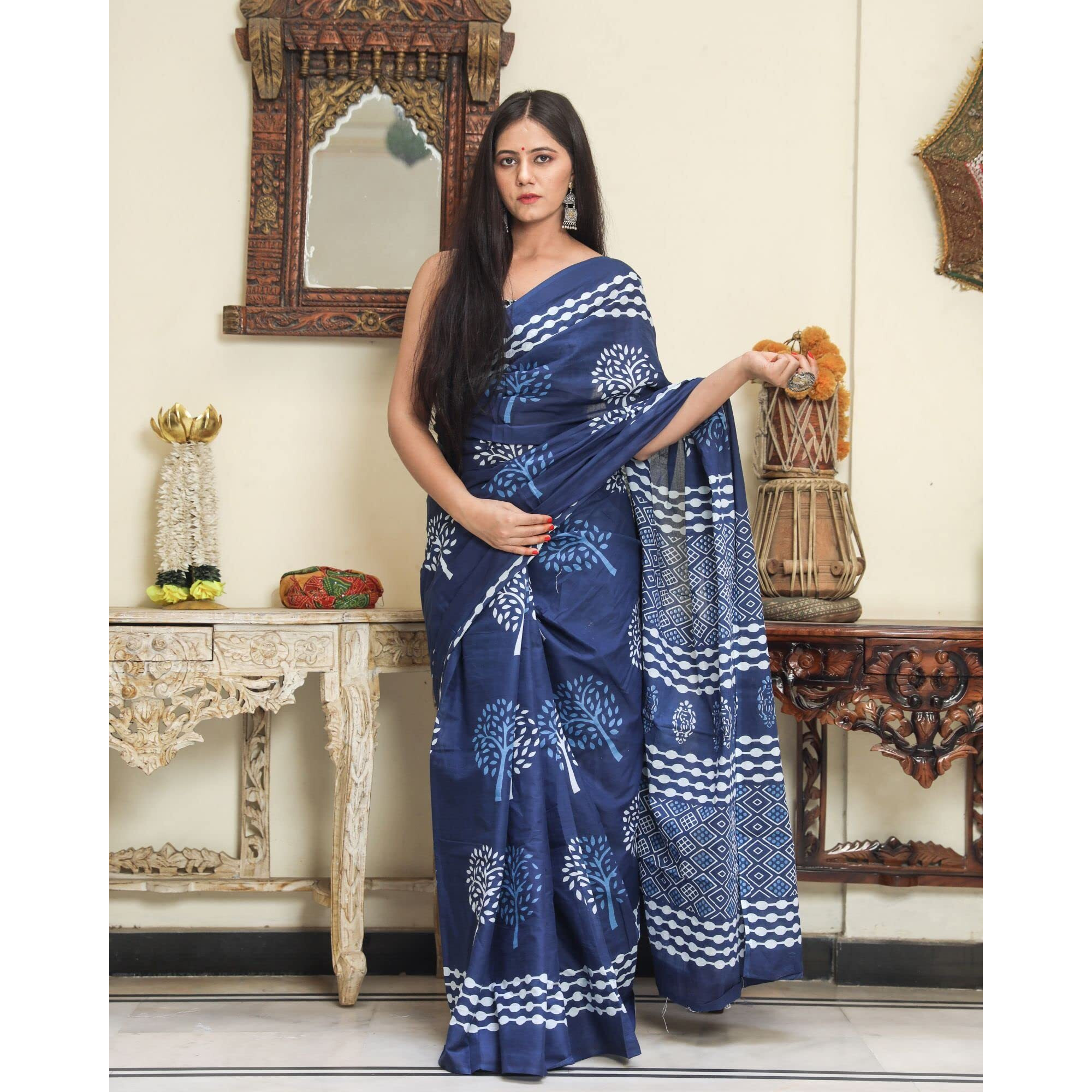 JALTHER Womens Ikat Hand Block Print Jaipuri Cotton Mulmul Saree with Blouse Piece -Blue_Sup_Blue_491_J2