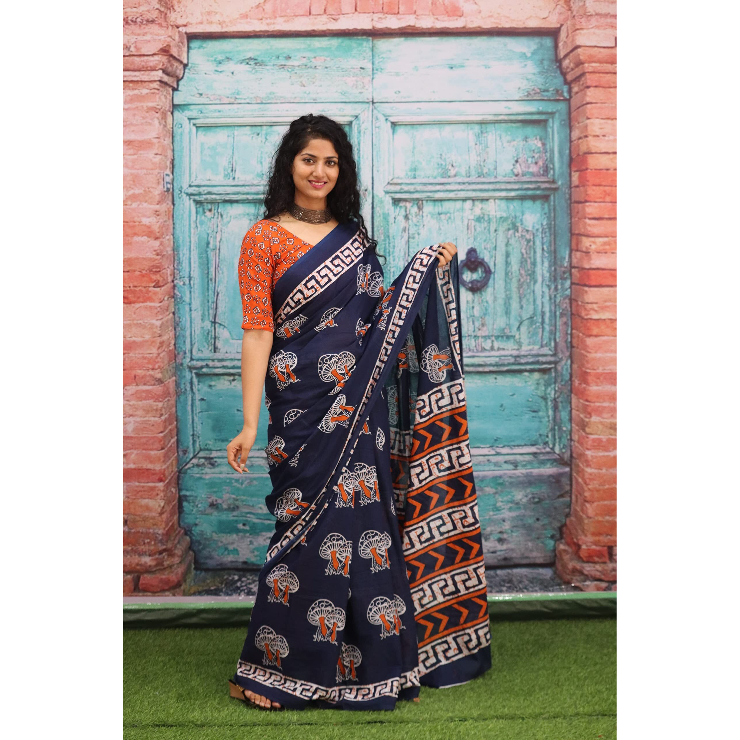 JALTHER Handicrafts Womens Ikat Hand Block Print Jaipuri Cotton Mulmul Saree with Blouse Piece - Blue_3s