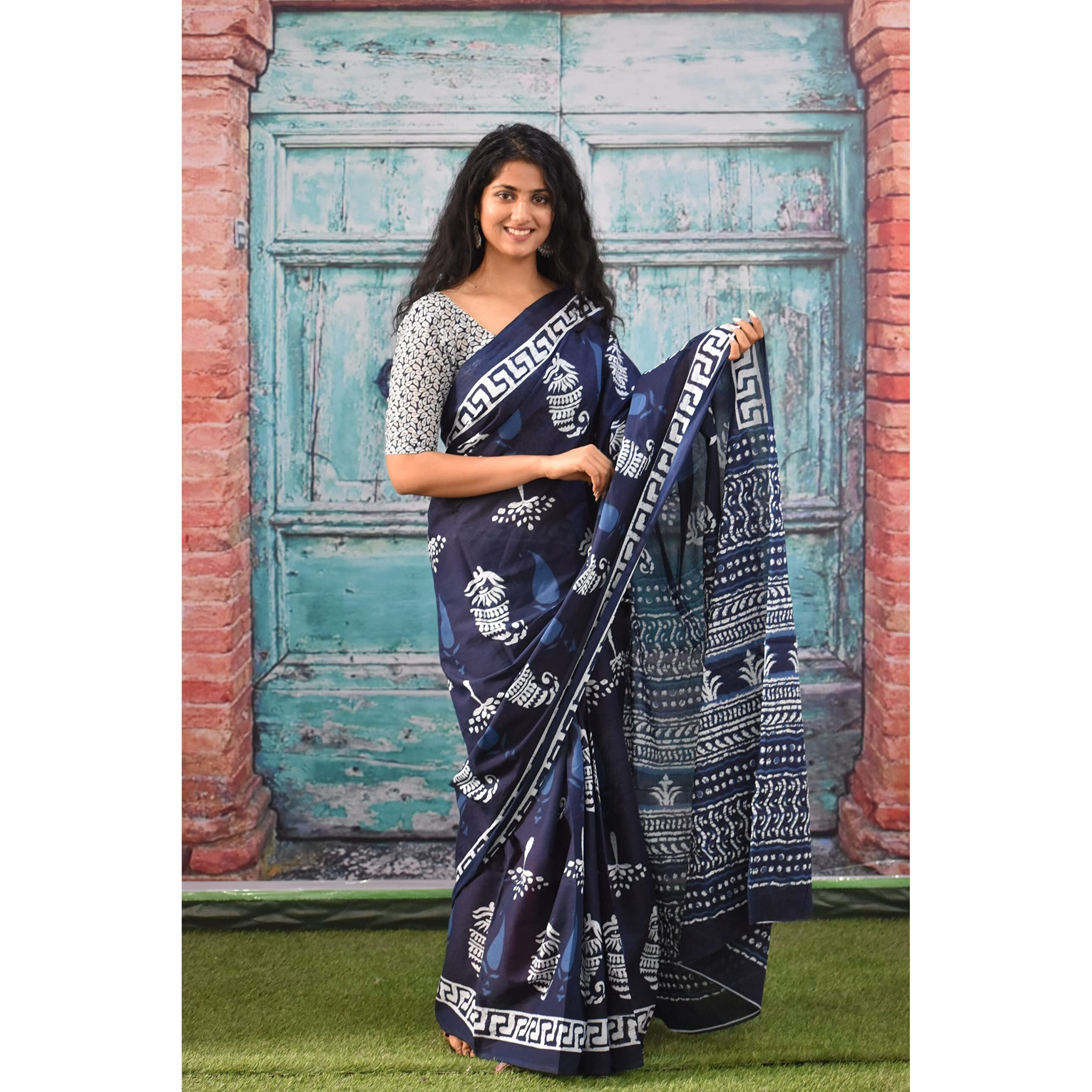 JALTHER Handicrafts Womens Ikat Hand Block Print Jaipuri Cotton Mulmul Saree with Blouse Piece - Blue_48