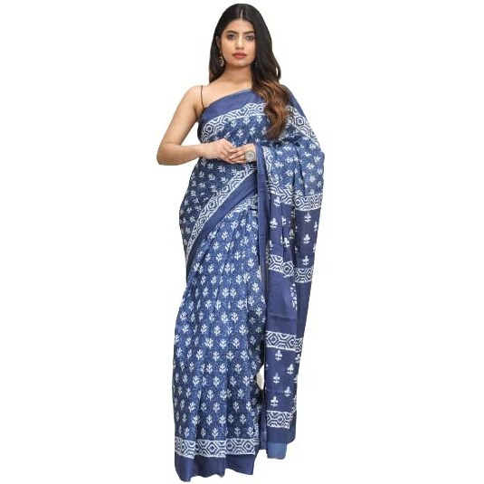 JALTHER Womens Ikat Hand Block Print Jaipuri Cotton Mulmul Saree with Blouse Piece -Blue_Sup_Blue_495_J2